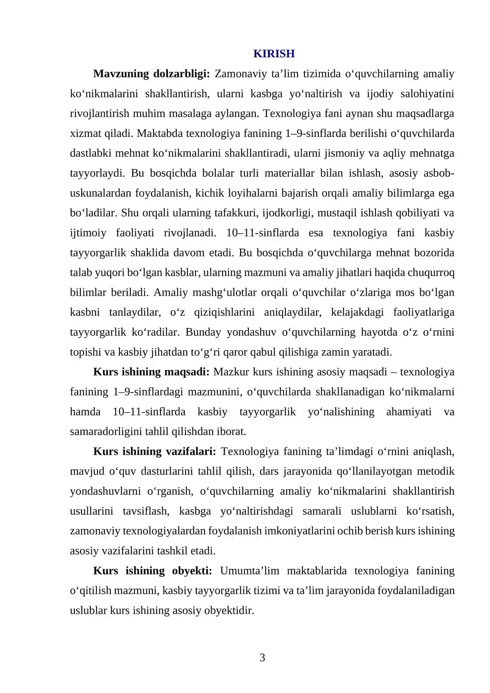 "1-9 SINFLARDA TEXNOLOGIYA FANI MAZMUNI VA 10-11 SINFLARDA KASBIY TAYYORGARLIK" MAZMUNI VA KASBIY TAYYORGARLIK 3