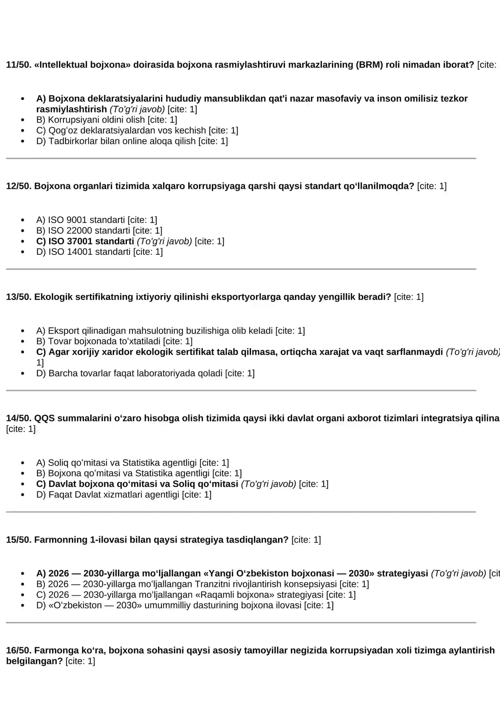 Bojxona testlari javoblari bilan (1–50) 3
