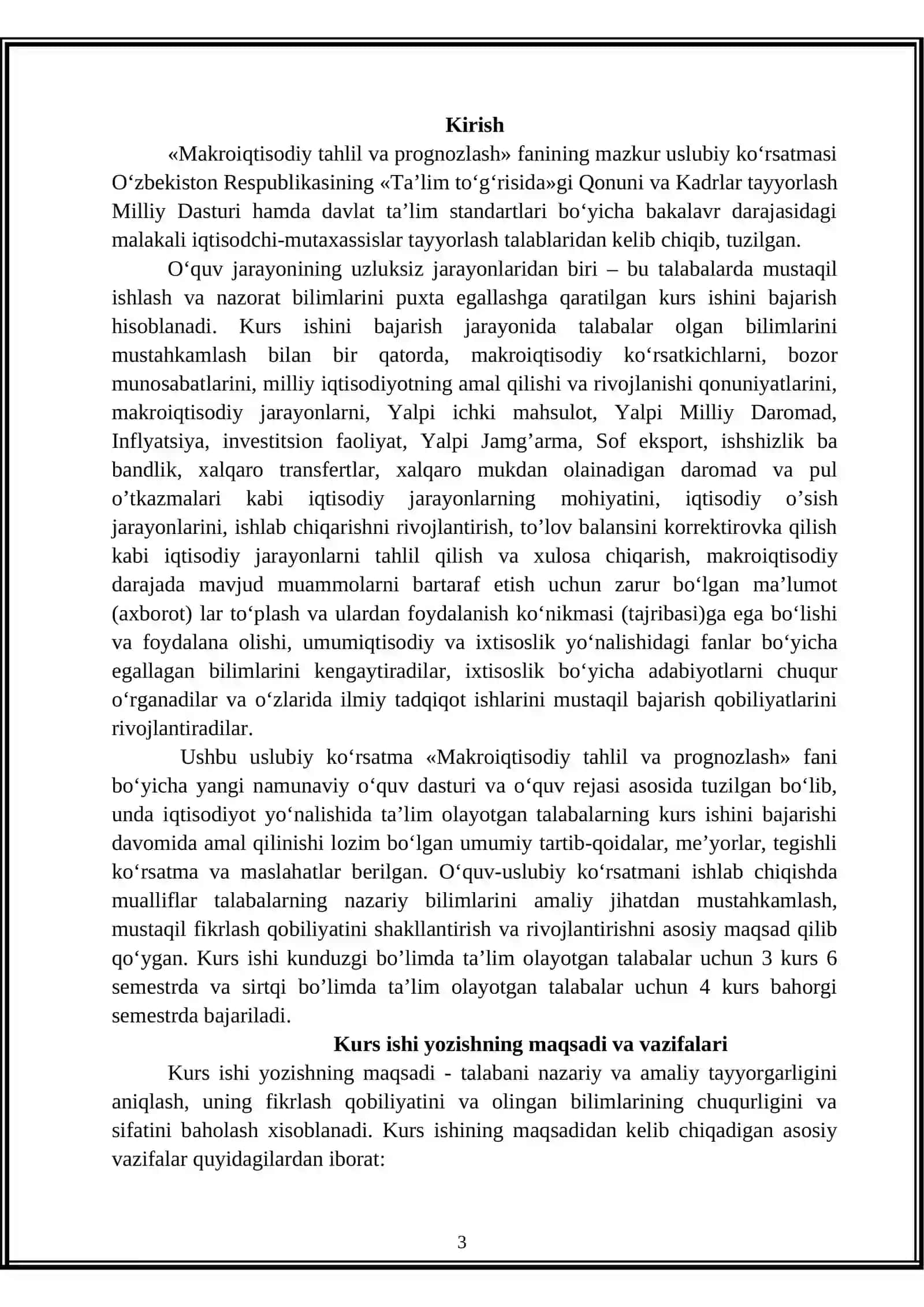 Kurs ishlari: MAKROIQTISODIY TAHLIL VA PROGNOZLASH 3