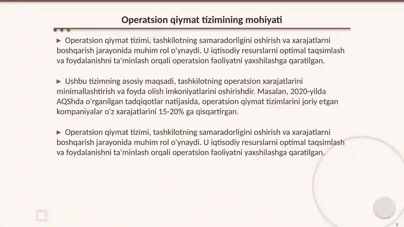 Operatsion qiymat tizimini tahlil etish Operatsion fanidan 3