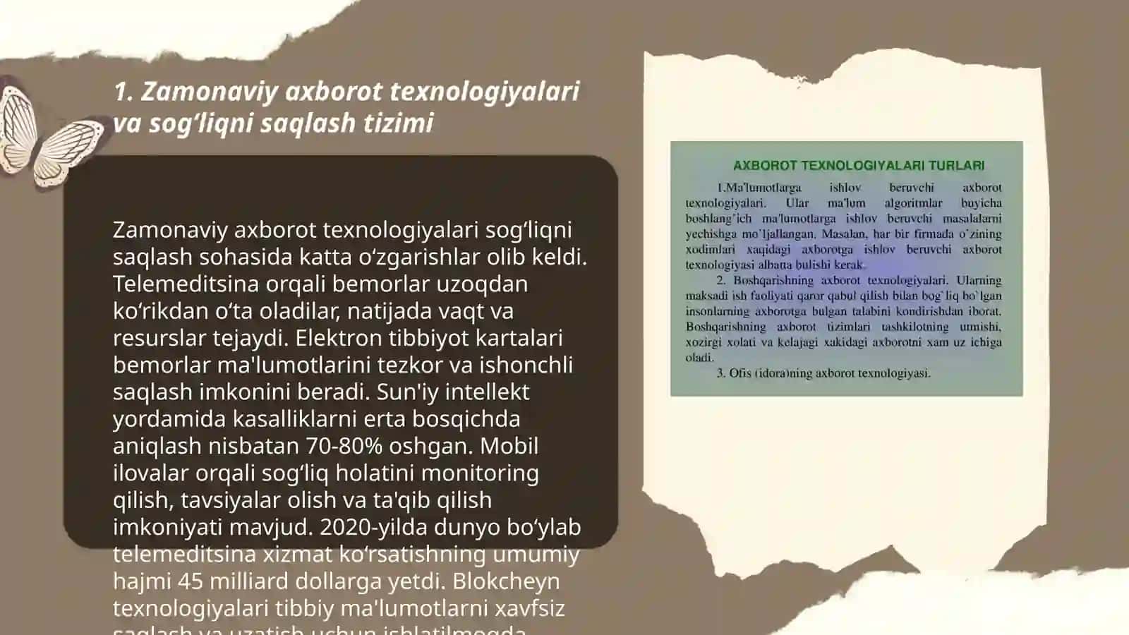 Zamonaviy axborot texnologiyalarudan bugungi kunda foydalanish darajasi ularni tibiyotning turliy soxalarida malumotlarni toplash davolash va diyagnostikaga tutgan orni 3