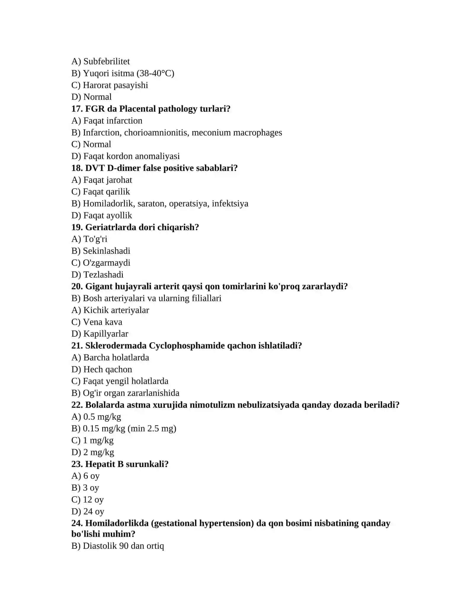 Tibbiyot bo'yicha testlar 3