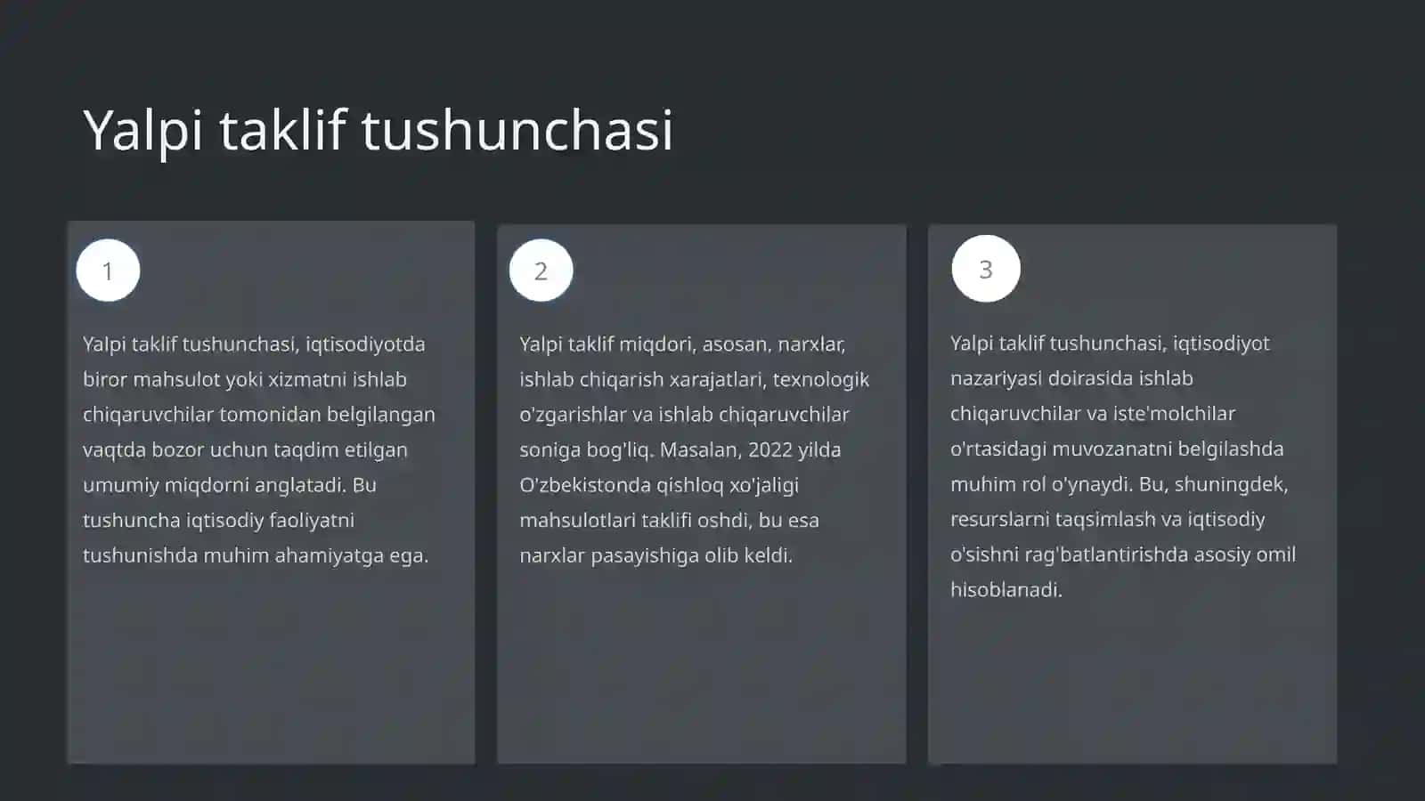 Yalpi taklif tushunchasi, yalpi taklif egri chizig‘i va uning miqdoriga ta’sir etuvchi omillar 3