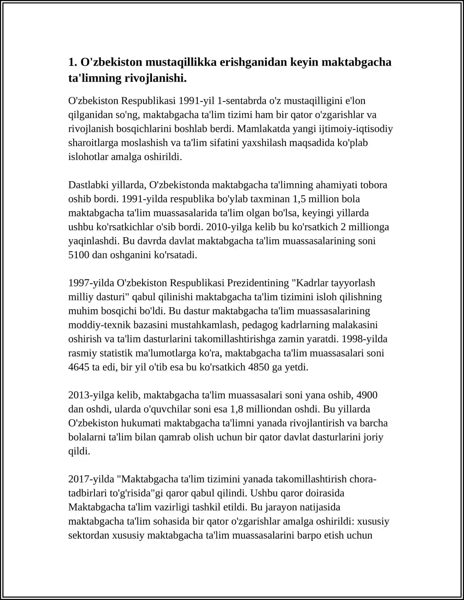 MAKTABGACHA TA'LIM TARIXI.MUSTAQILLIK YILLARIDA MAKTABGACHA TA'LIM TIZIMIGA YANGICHA YONDASHUV 3