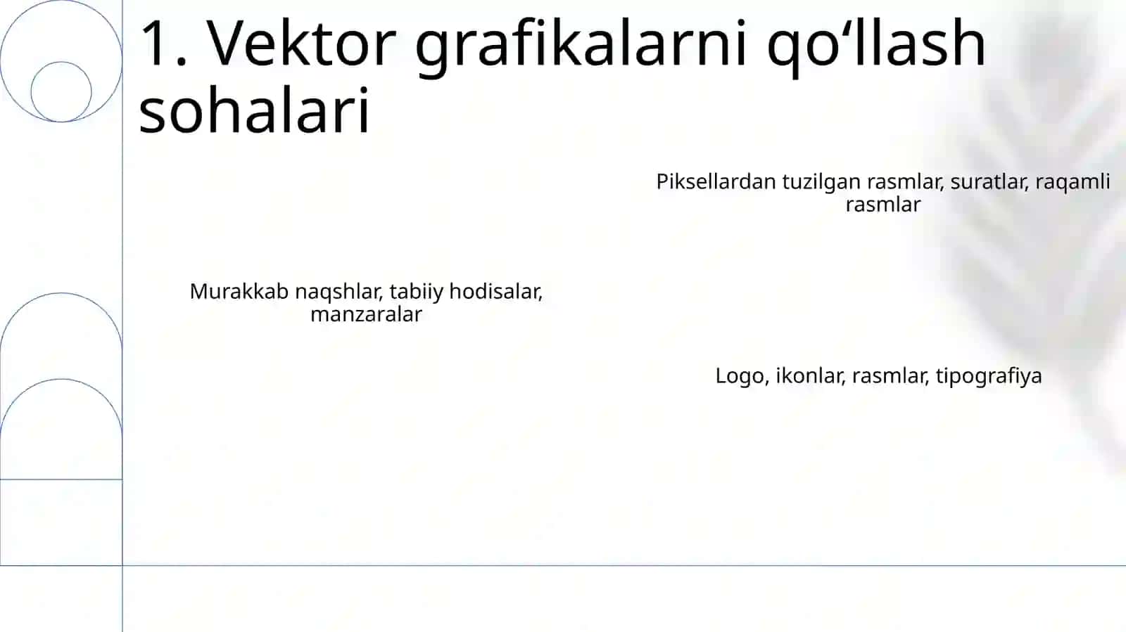 Kompyuter grafikasi turlari: vektorli, rastorli, fraktal, CD-grafika 3