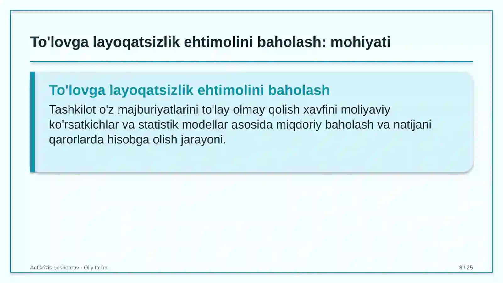 To'lovga layoqatsizlik ehtimolini baholash: mohiyati 3