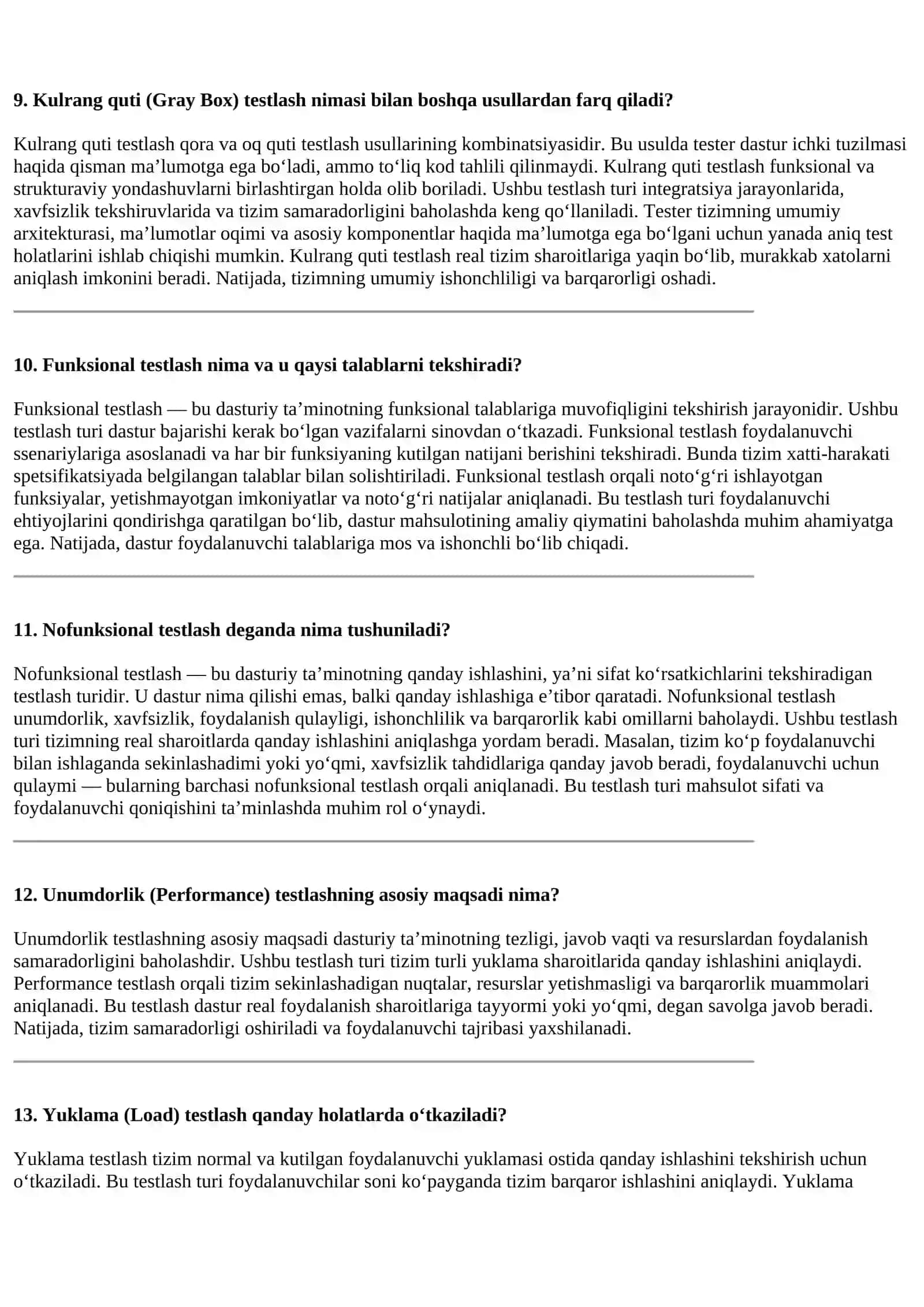 Dasturiy ta’minotni testlash nima va uning asosiy maqsadi nimadan iborat? 3