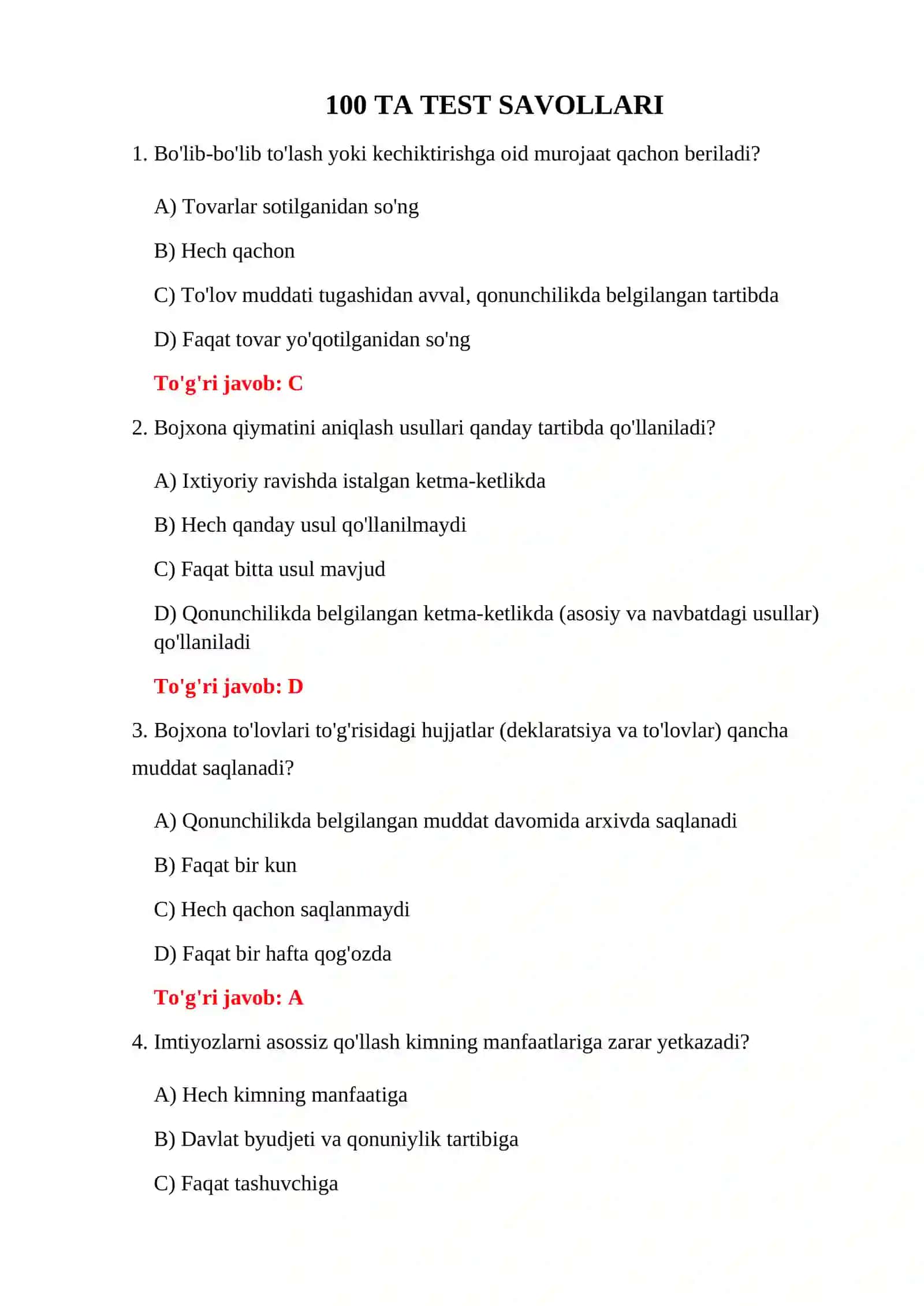 BOJXONA TO'LOVLARI 100 TA TEST 3