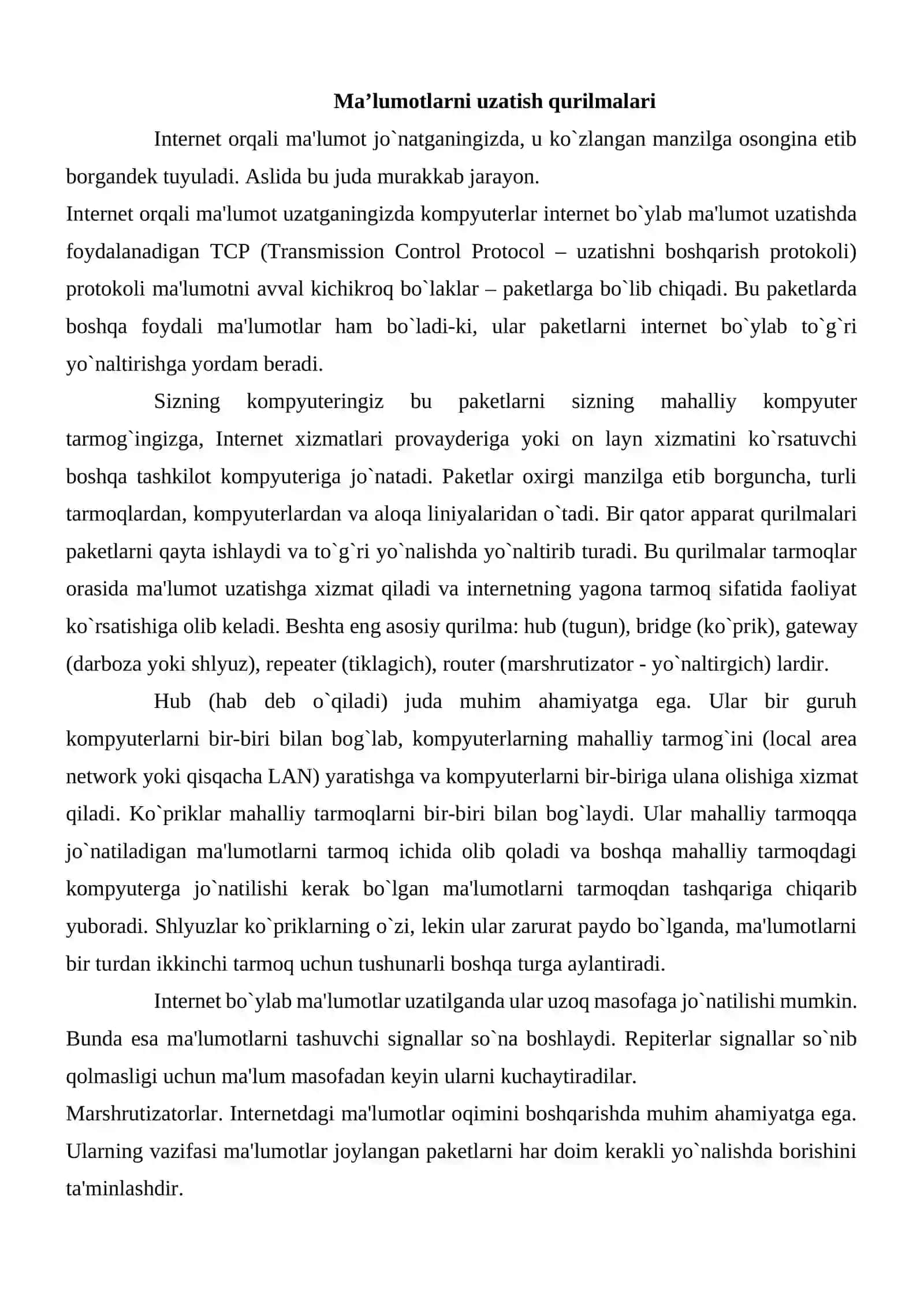 “Ma’lumotlarni uzatish qurilmalari. Konsentratorlar, kommutatorlar va marshrutizatorlar” 3