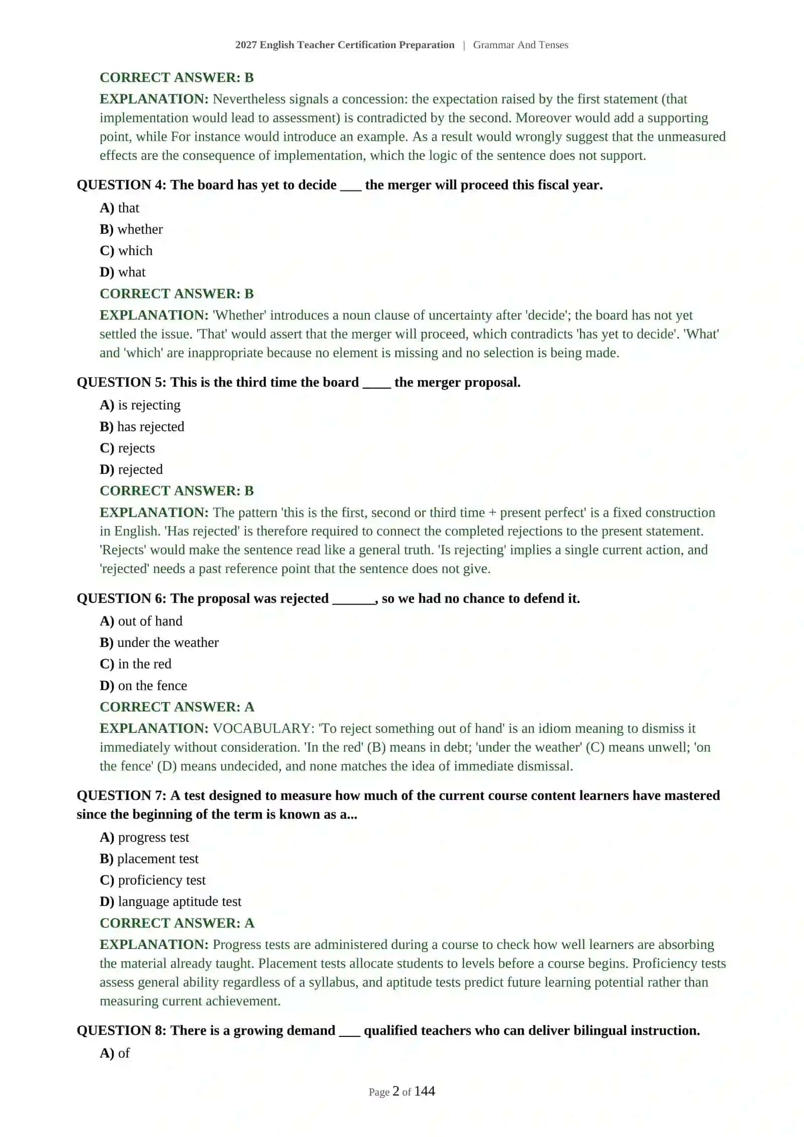 ENGLISH TEACHER ASSESSMENT - GRAMMAR AND TENSES - 2027 CERTIFICATION PREPARATION 3