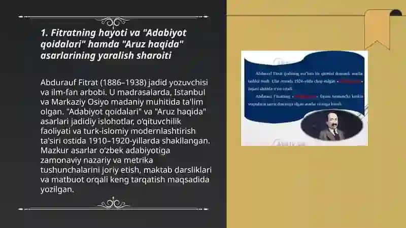 Fitratning “Adabiyot qoidalari”, “Aruz haqida” asarlarini o’rganish 3
