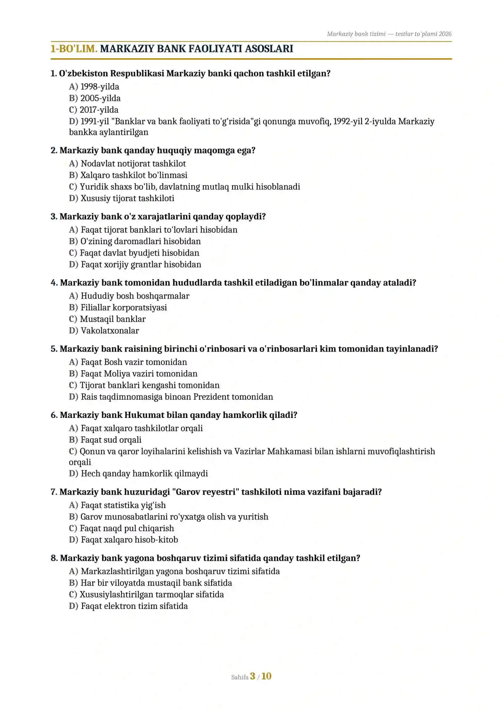 MARKAZIY BANK TIZIMIGA
TESTLAR TO'PLAMI 3