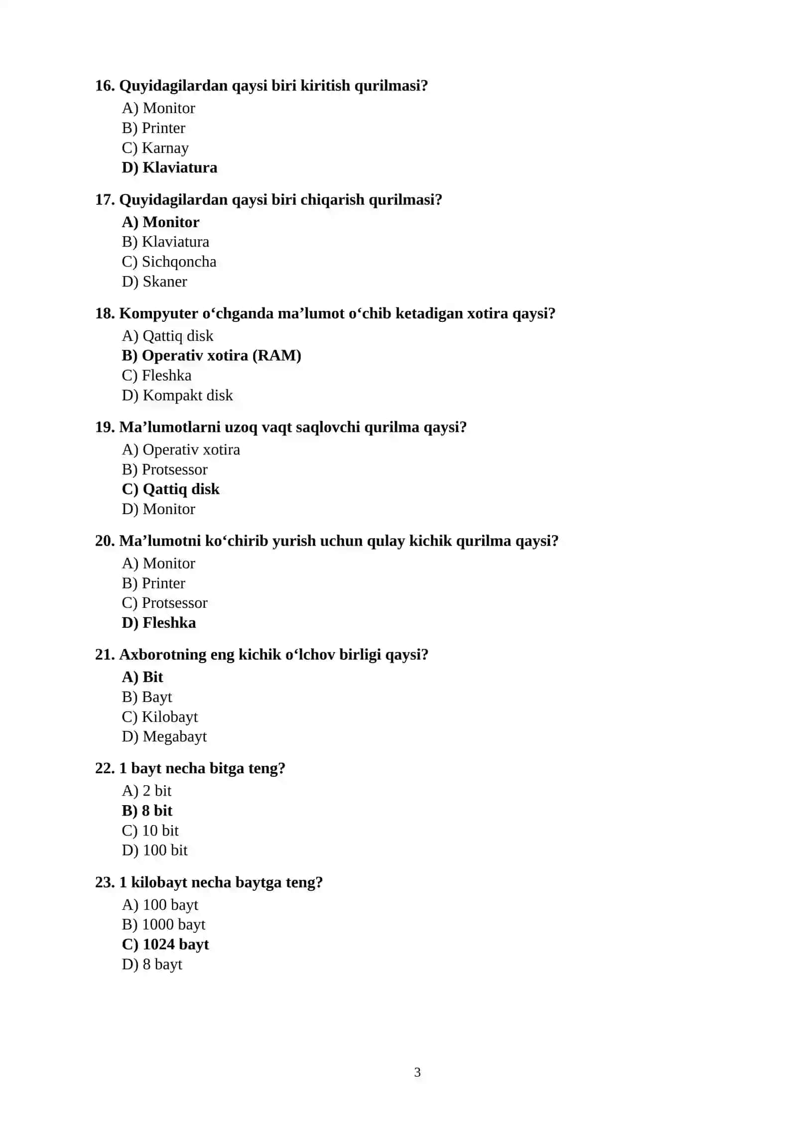 INFORMATIKA FANIDAN 100 TA TEST SAVOLLARI JAVOBLARI BILAN 3