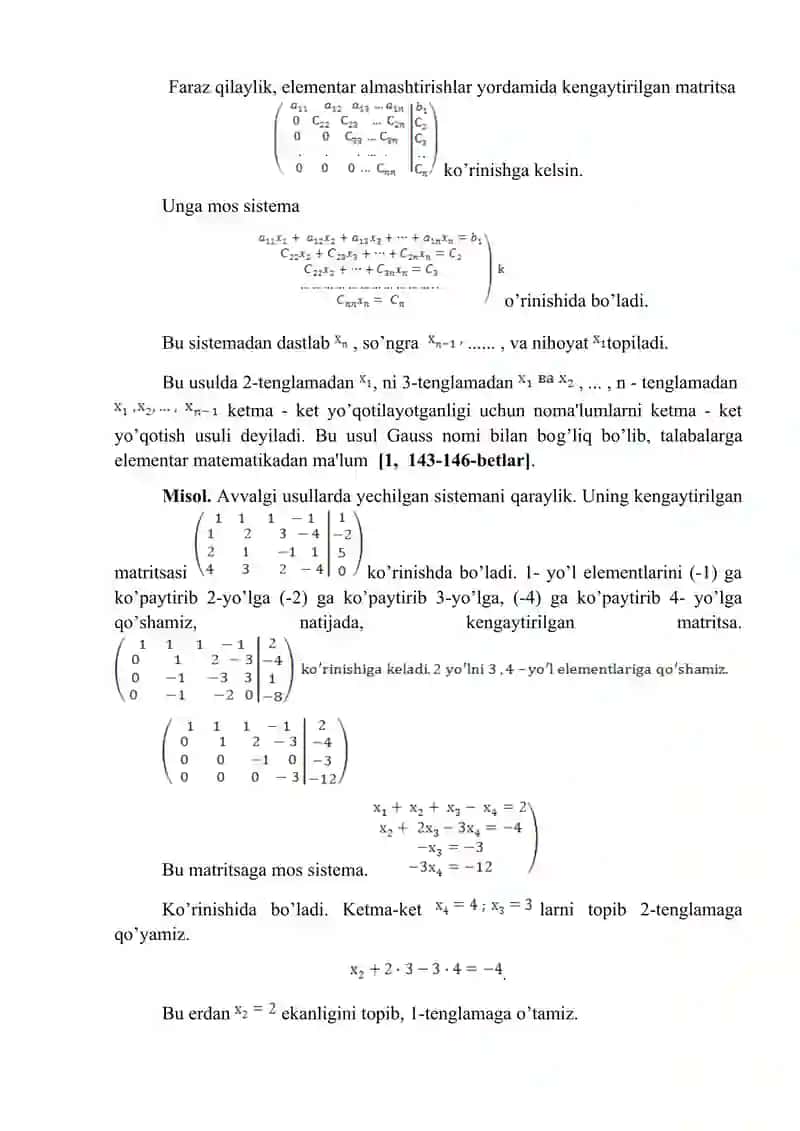 Chiziqli tenglamalar sistemasi Kramer va Gauss va matritsa usullarida yechish. 3