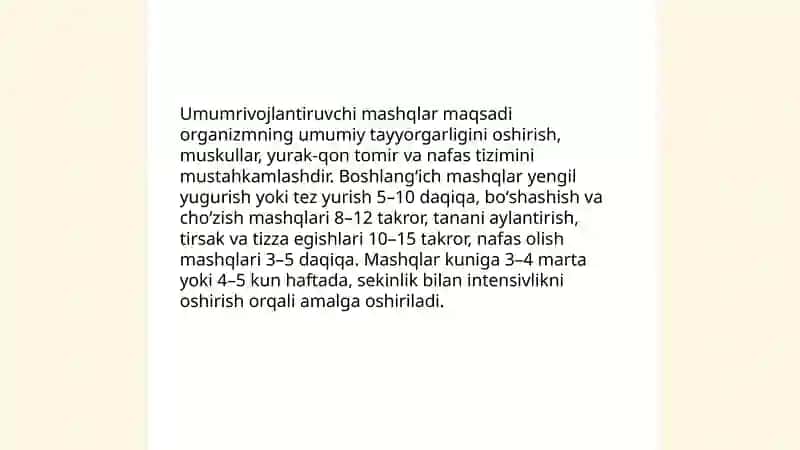 Umumrivojlantiruvchi va maxsus mashqlar texnikasi bilan tanishtirish oʻrgatish 3