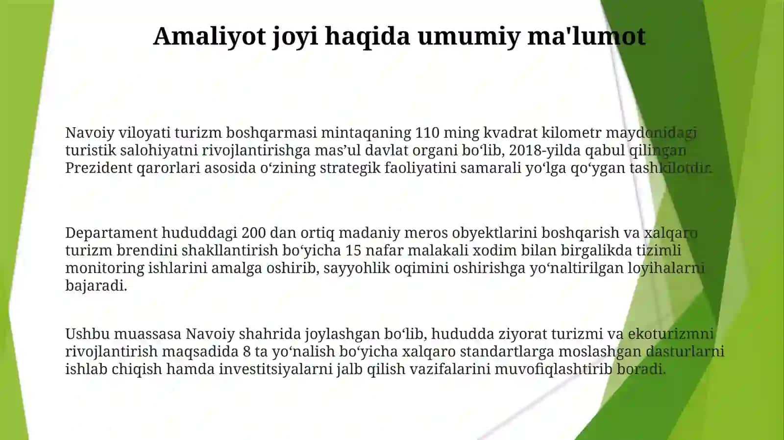 Navoiy viloyati turizm boshqarmasi amaliyoti taqdimoti 3