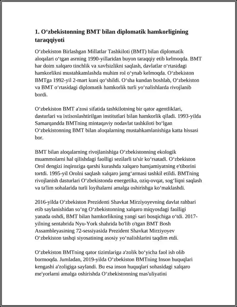 OʻZBEKISTON XALQARO TASHKILOTLAR BILAN HAMKORLIK ALOQALARI (BMT,YUNESKO,MTXLIGI MISOLIDA) 3