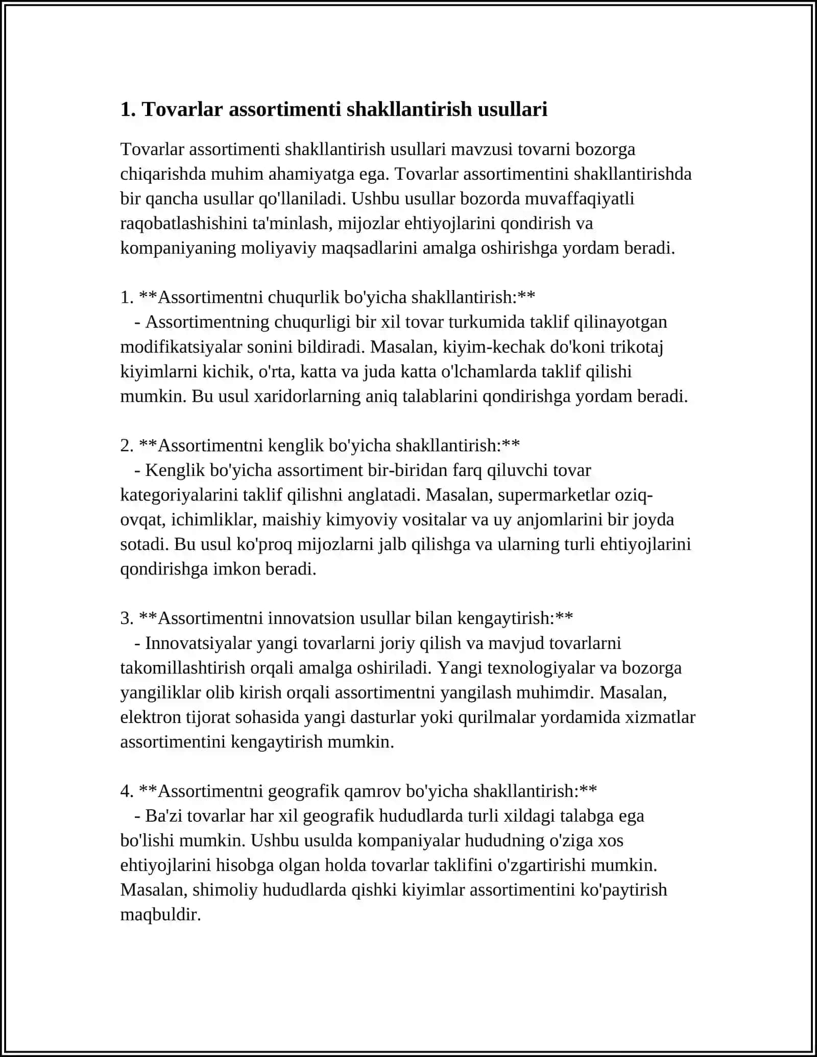 TOVAR ASSORTIMENTINI SHAKLANTIRISH. O'SISH STRATEGIYALARI: INTENSIV, INTEGRATSION VA DIVERSIKATSION O'SISH 3