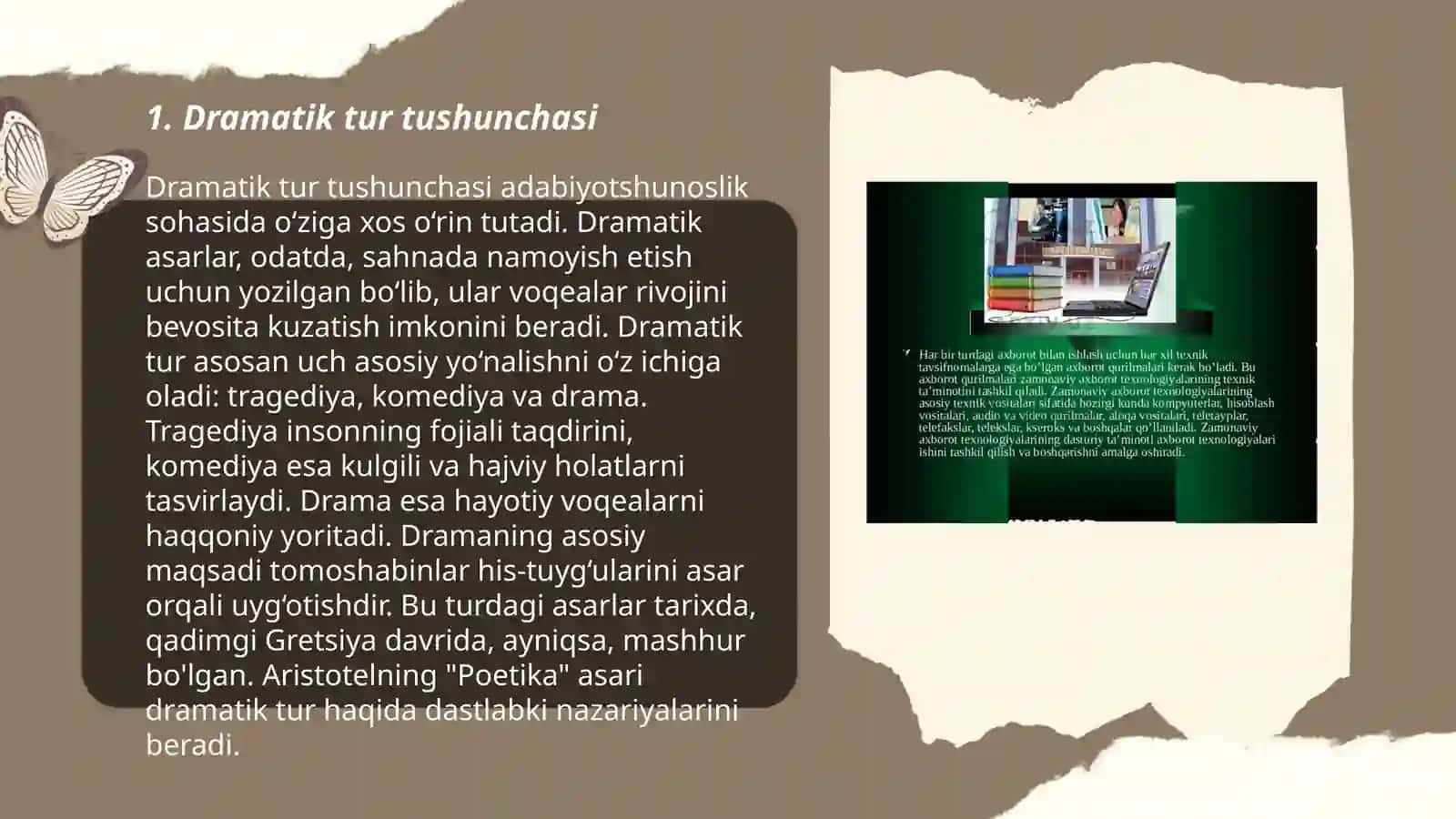 Toʻxta Boboyevning "Adabiyotshunoslik asoslari" asaridan dramatik tur va uning janrlari haqida 3