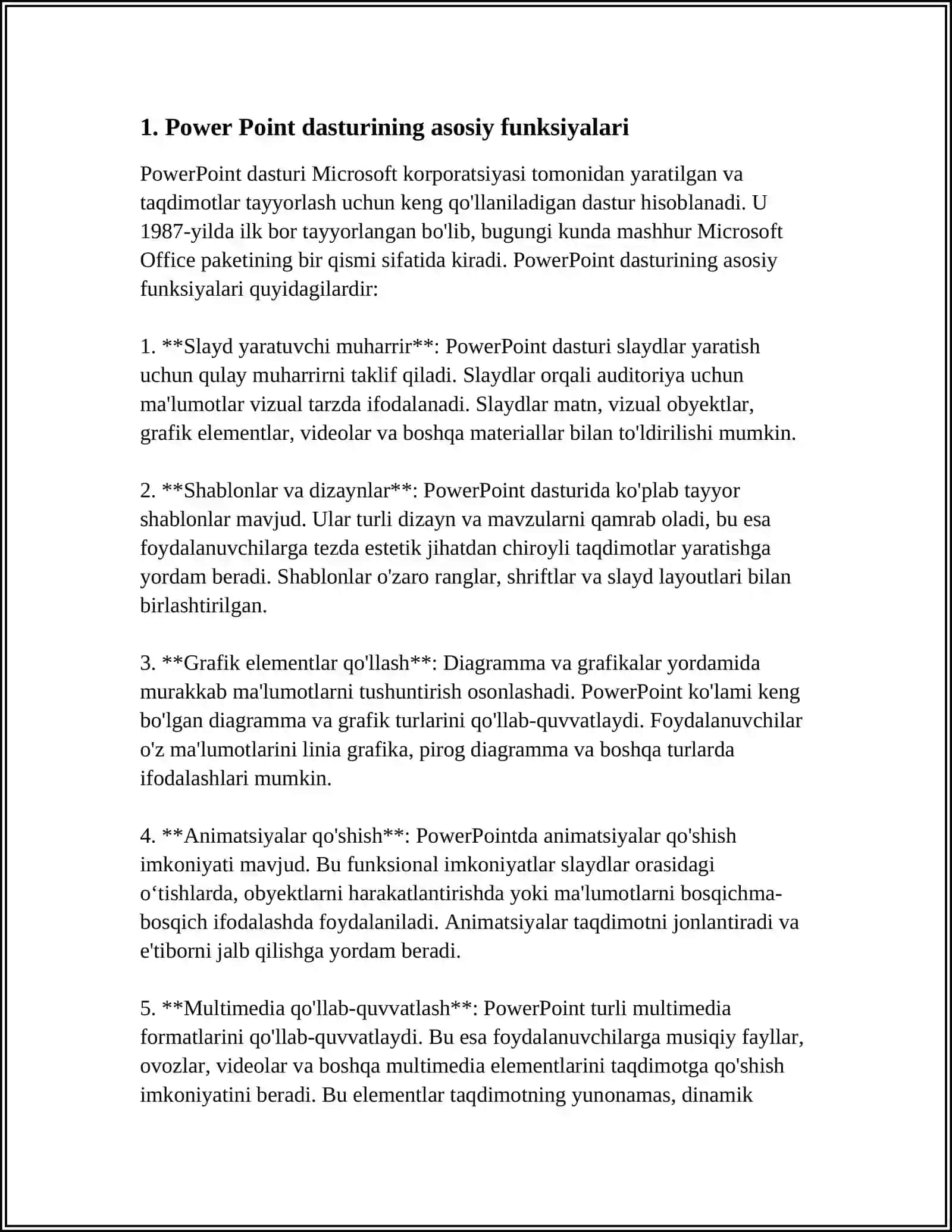 MUSTAQIL ISH Mavzu: TAQDIMOTLAR YARATISH TEXNALOGIYASI:POWER POINT,CANVA.COM,PREZZI.COM VA GOOGLE DOCSDAGI PREZENTATSIYA TAYYORLAR DASTURIDAN FOYDALANISH 3