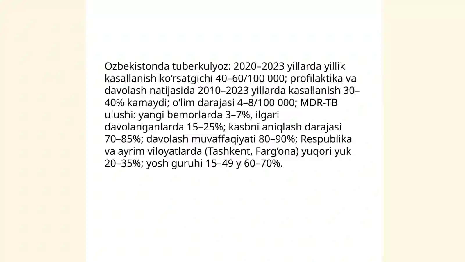 Ozbekistonda tuberkulyozga qarshi kurashishning milliy dasturi. Ozbekistonda tuberkulyoz bo`yicha epidemiologic vaziyatni baholash 3