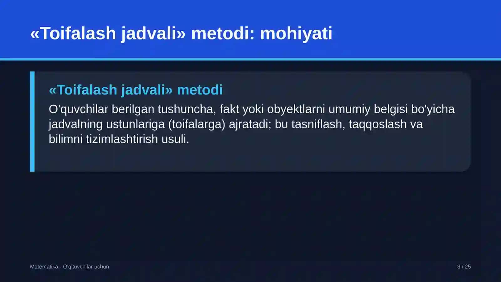 matematika darslarida toifalash jadvali metodidan foydalanish 5943 3