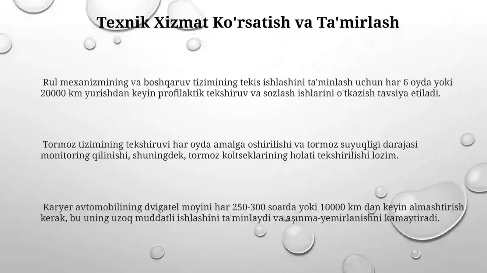 Karyer Avtomobil samasvallarni texnik eksplatatsiya qilish 3
