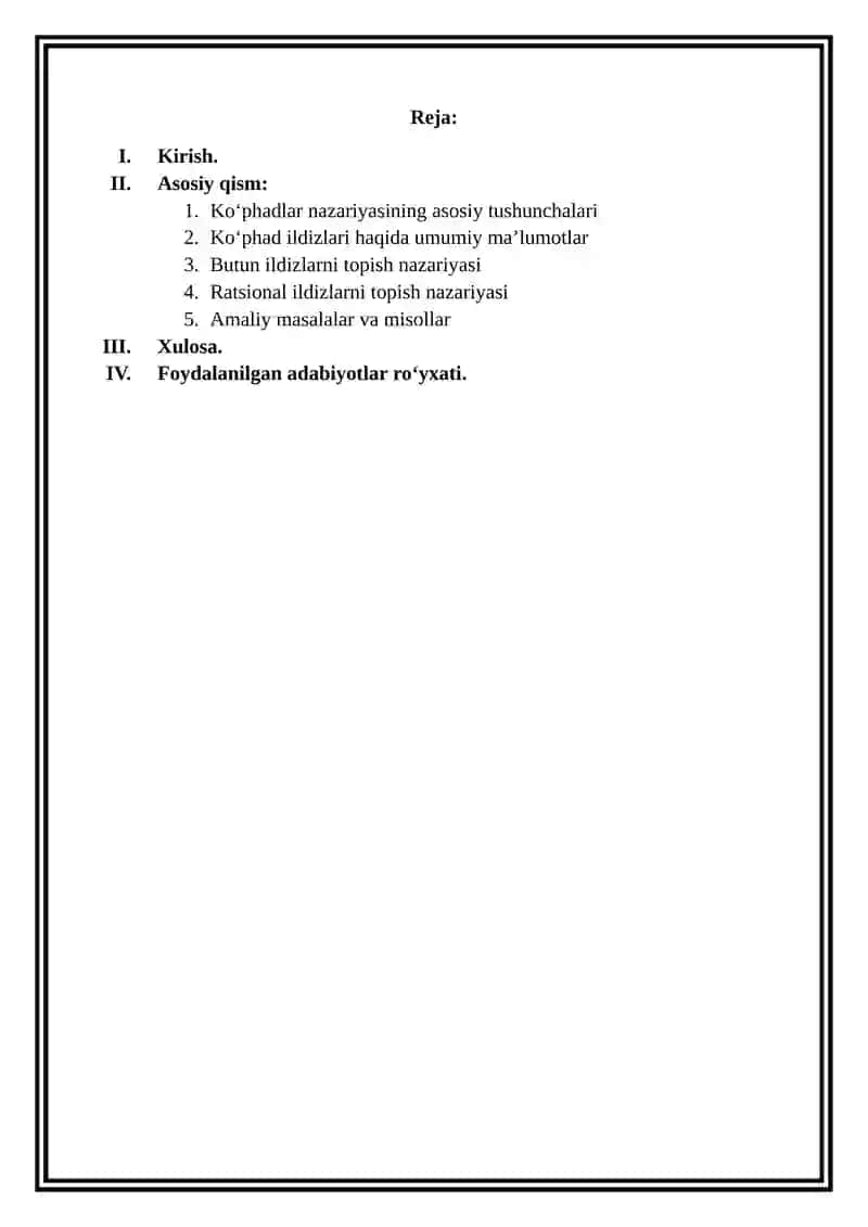 Butun koeffitsientli ko’phadning butun va ratsional ildizlarini topish nazariyasi 3