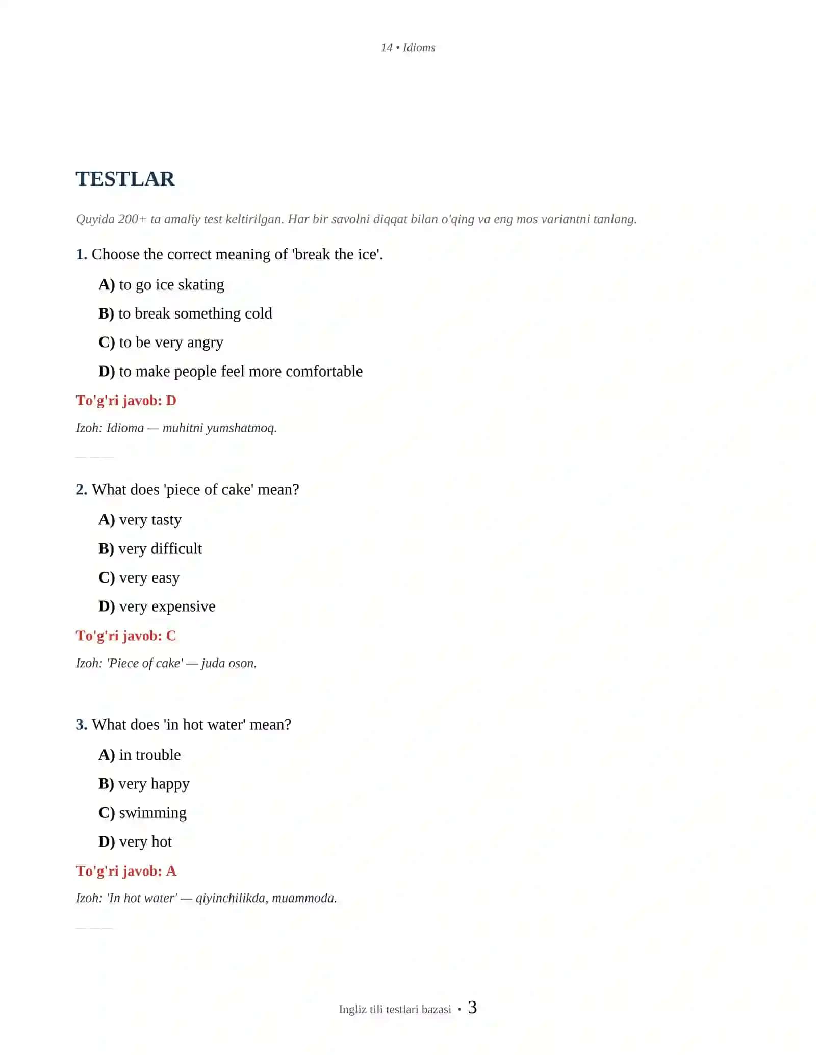 INGLIZ TILI IDIOMS & COLLOCATIONS TESTLARI 3