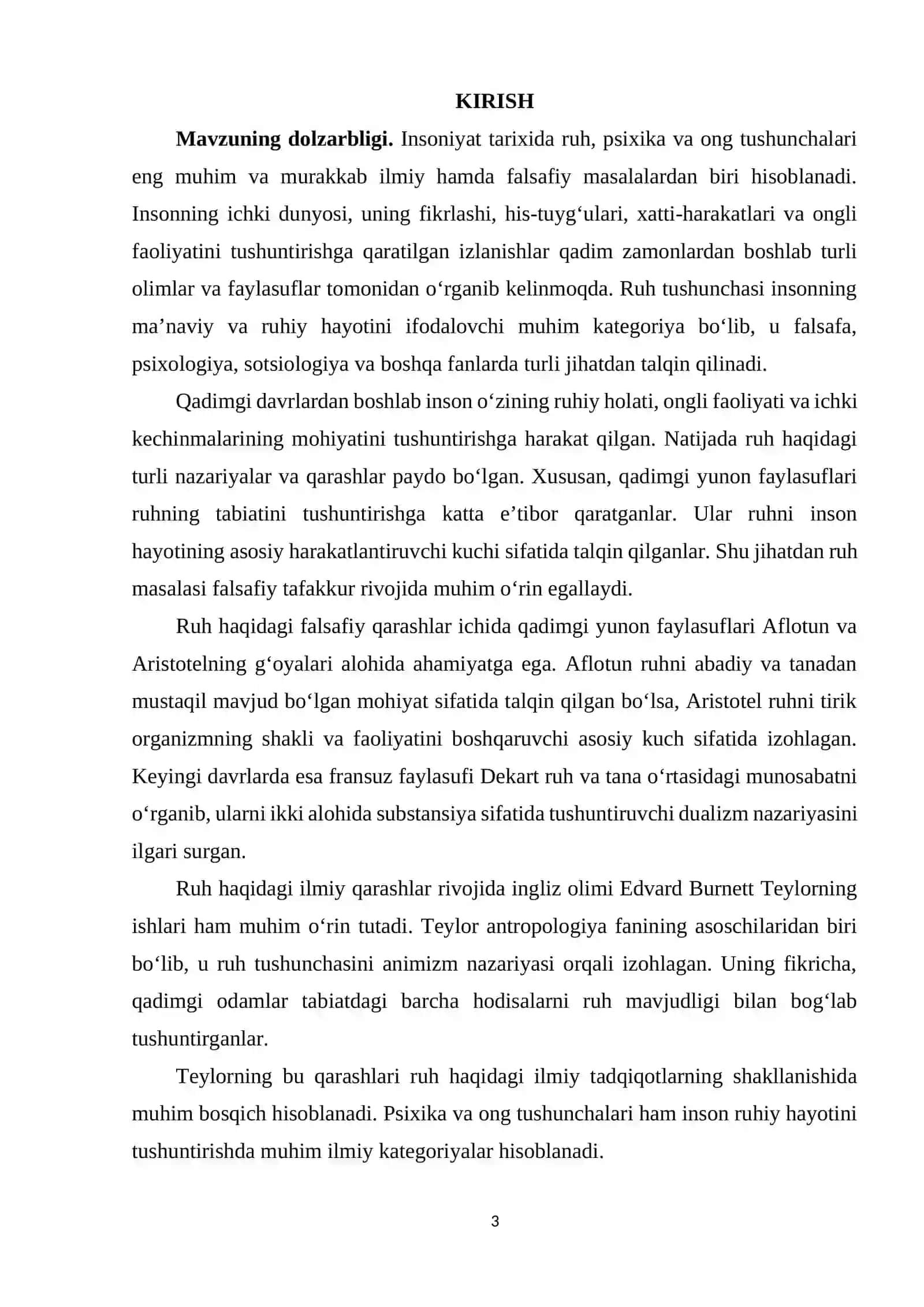 RUH HAQIDAGI ILMIY (TEYLOR) VA FALSAFIY (AFLOTUN, ARISTOTEL, DEKART) G'OYALAR. PSIXIKA VA ONGNING TA'RIFLARI. 3