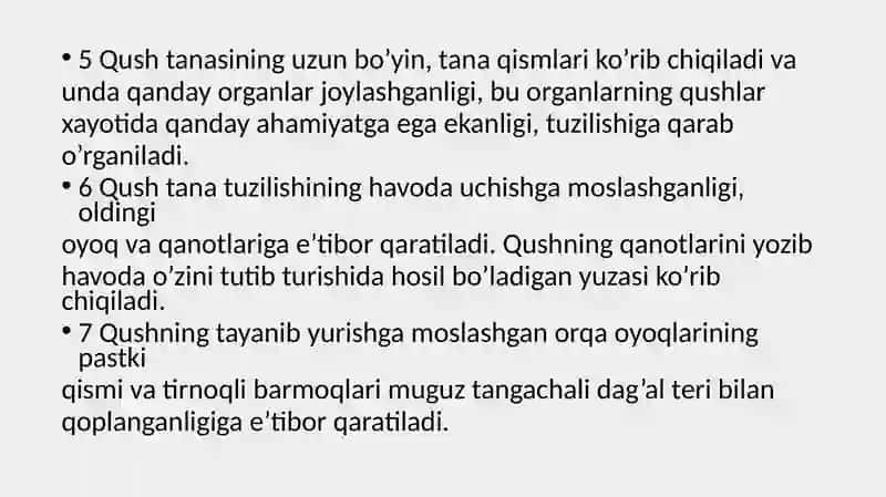 Qushlar sinfi vakillaridan tana tuzilish modellarini tayyorlash ( patlari, tumshuq tuzilishi, oyoq x 3
