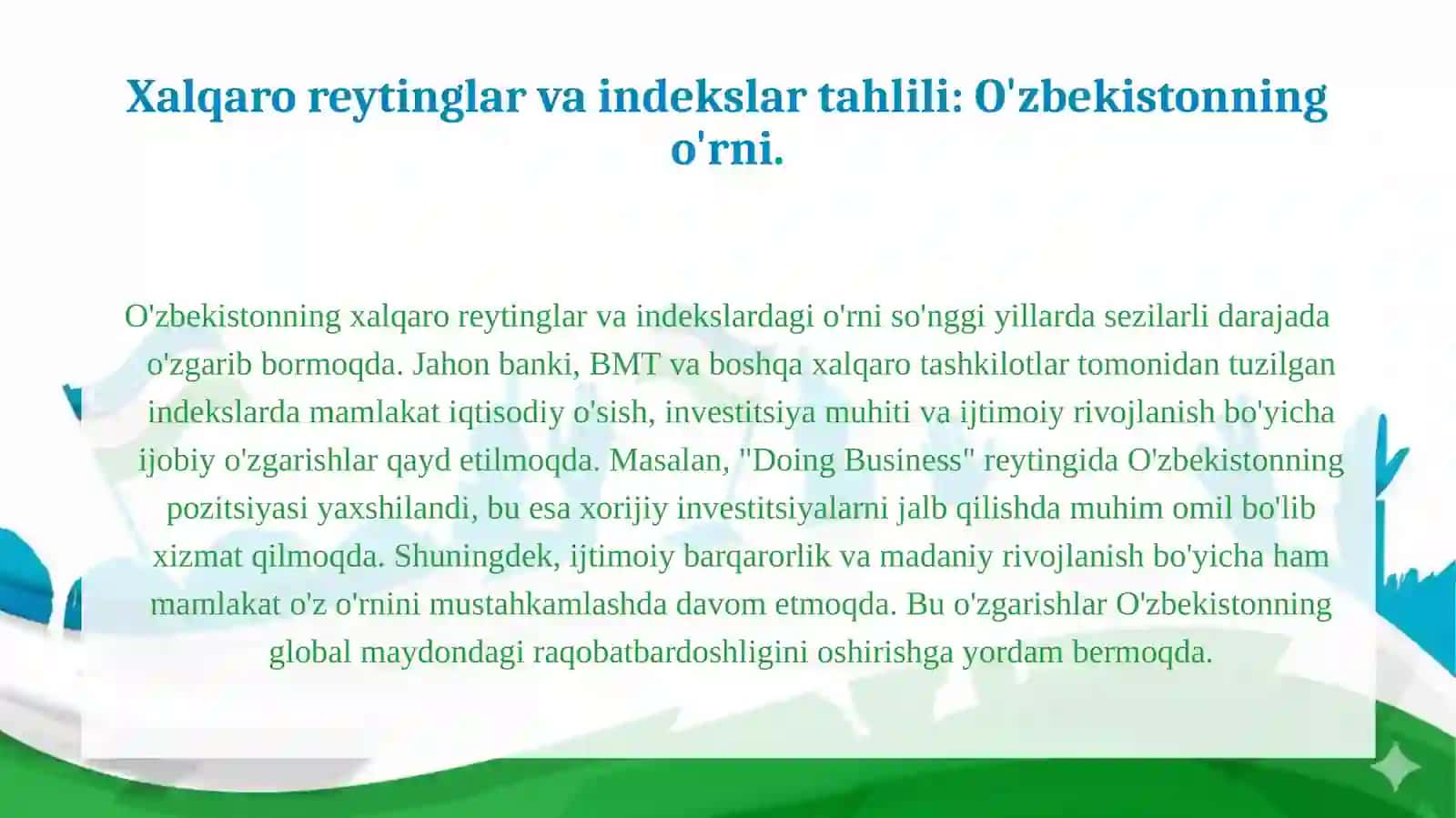 Yangi O'zbekiston ijtimoiy-siyosiy iqtisodiy va madaniy hayotida ro'y berayotgan o'zgarishlarning xalqaro reyting va indekislarda aks etishi 3