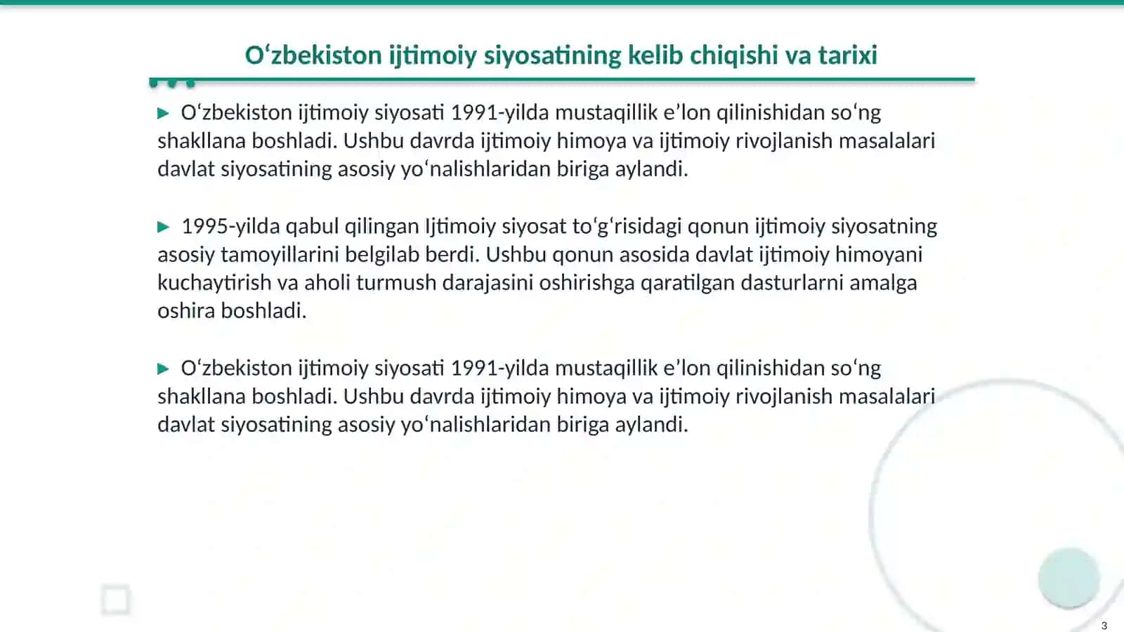 O‘ZBEKISTON RESPUBLIKASIDA IJTIMOIY SOHADAGI ISLOHOTLAR 3