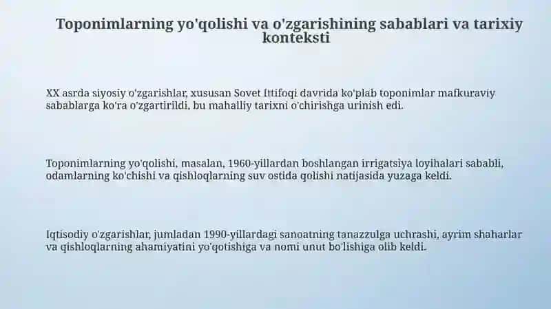 Toponimlarning yo'qolishi va o'zgarishining sabablari va tarixiy konteksti 3