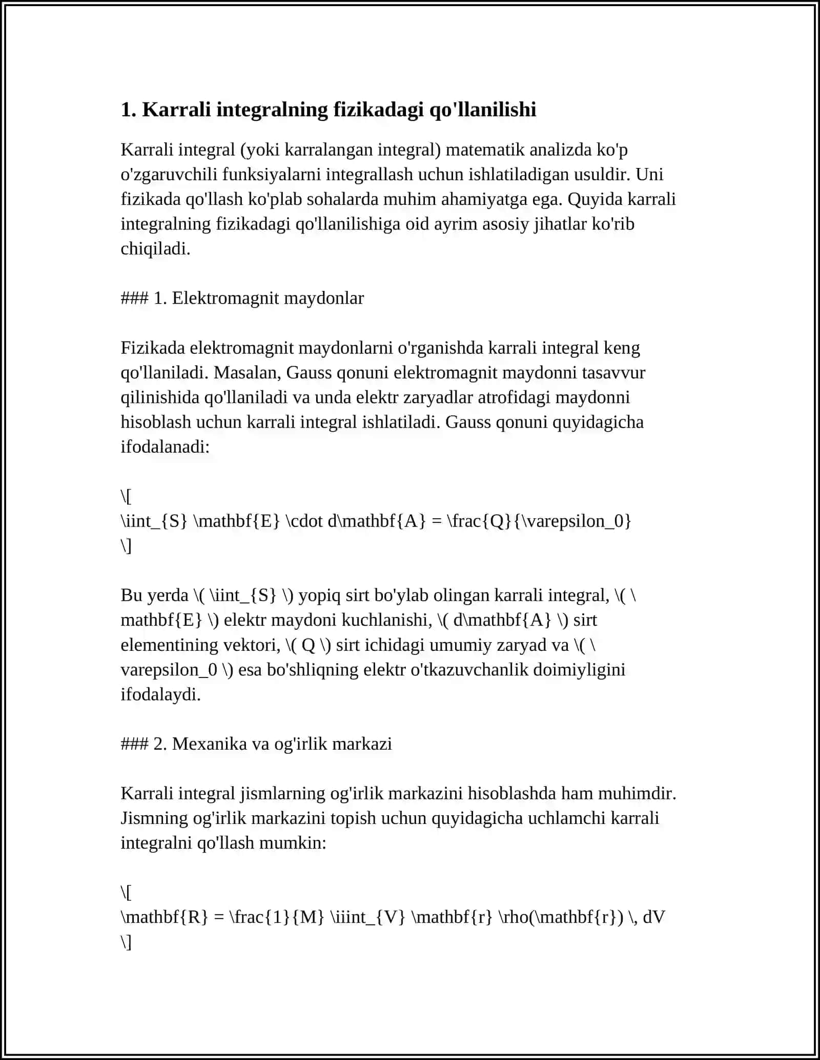MUSTAQIL ISH Mavzu: KARRALI INTEGRALLARNING FIZIKADAGI TADBIQLARI 3