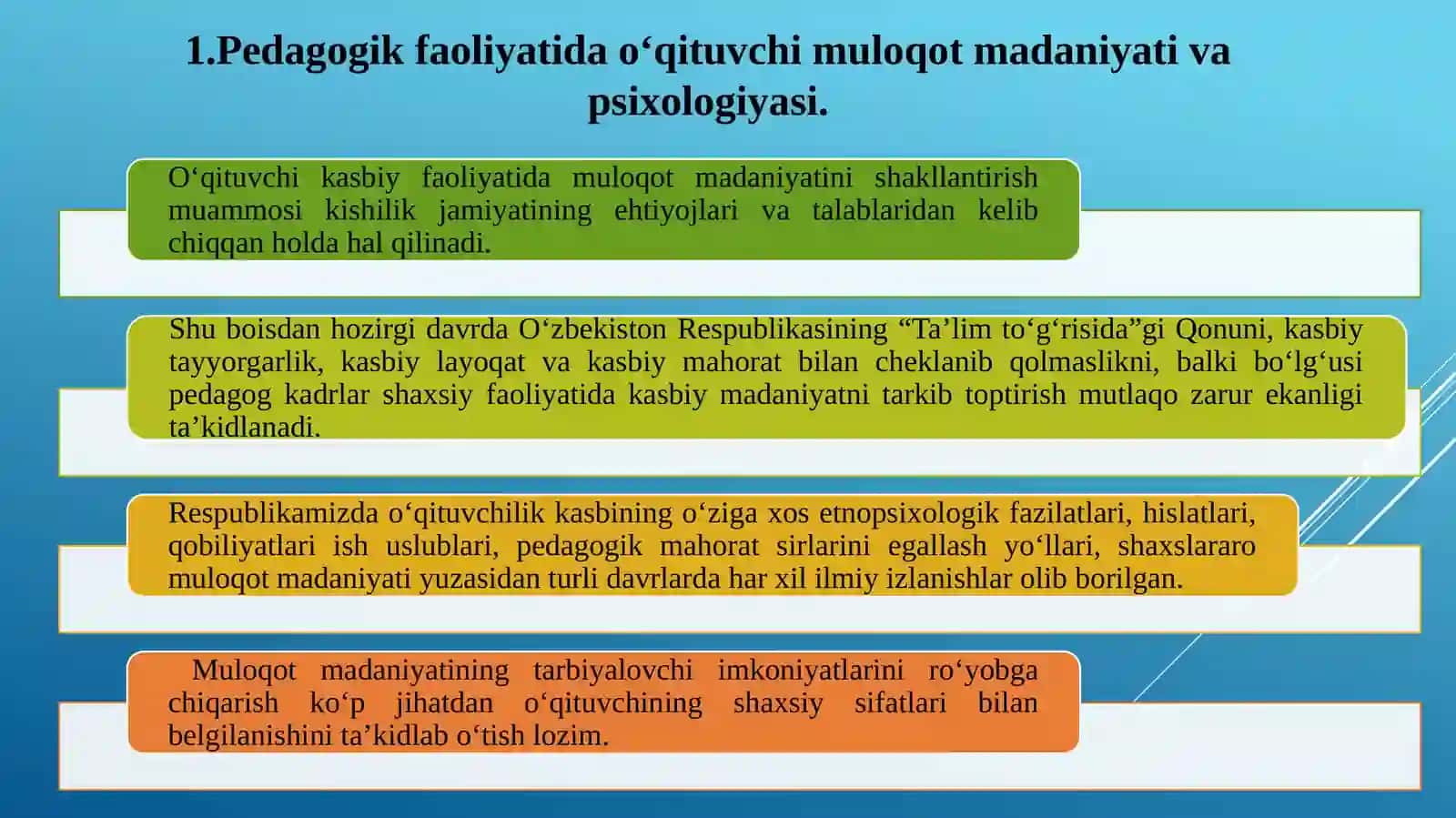 O‘qituvchipedagogik faoliyatida muloqot madaniyati va psixologiyasi. Muloqotni tashkil etishda umuminsoniy qadriyatlarning ustivorligi 3