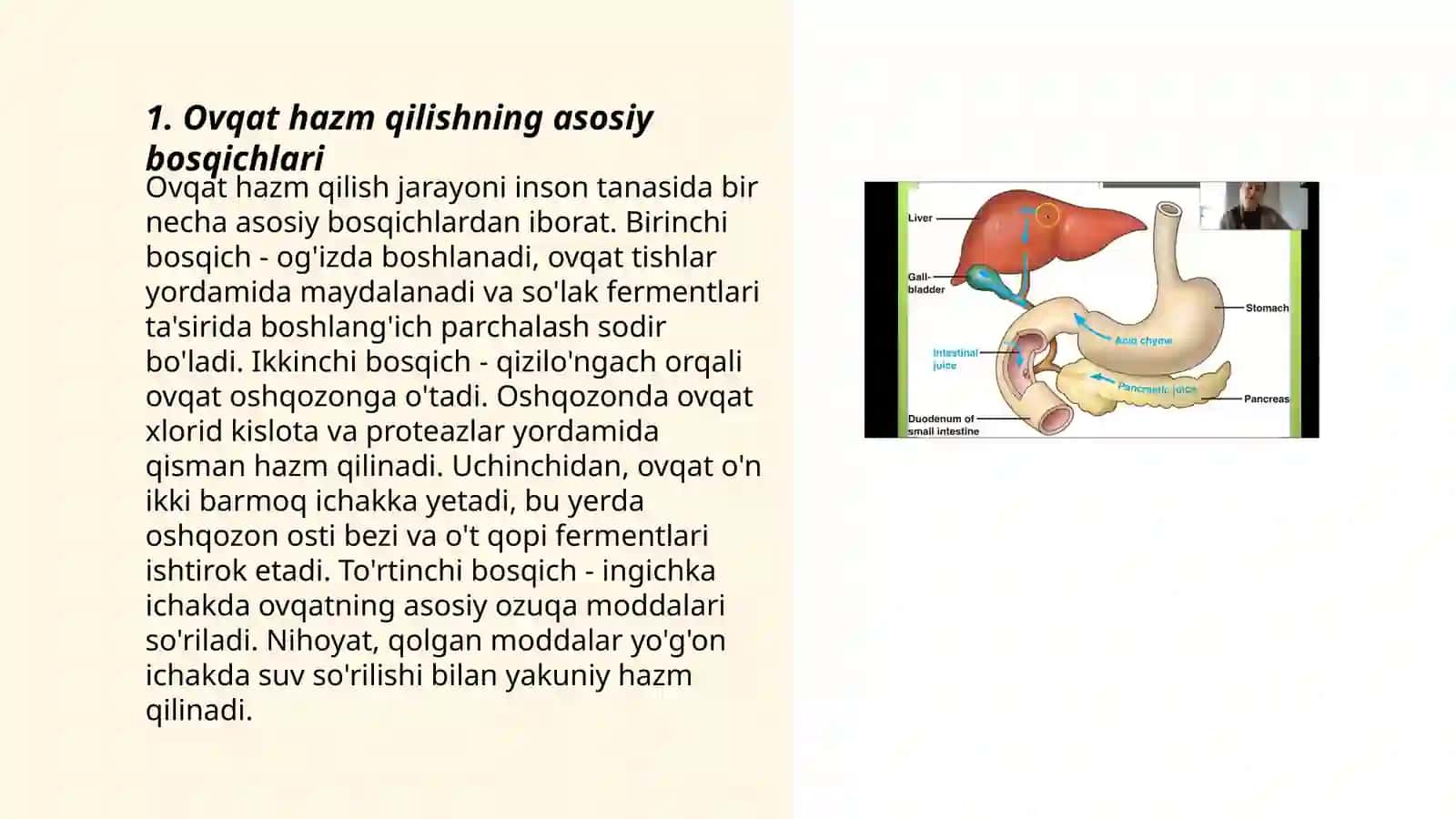 Ovqat hazm boʻlish jarayonlarida meda va ichak shirasidagi fermentlarning ishtirok etish jarayoni 3