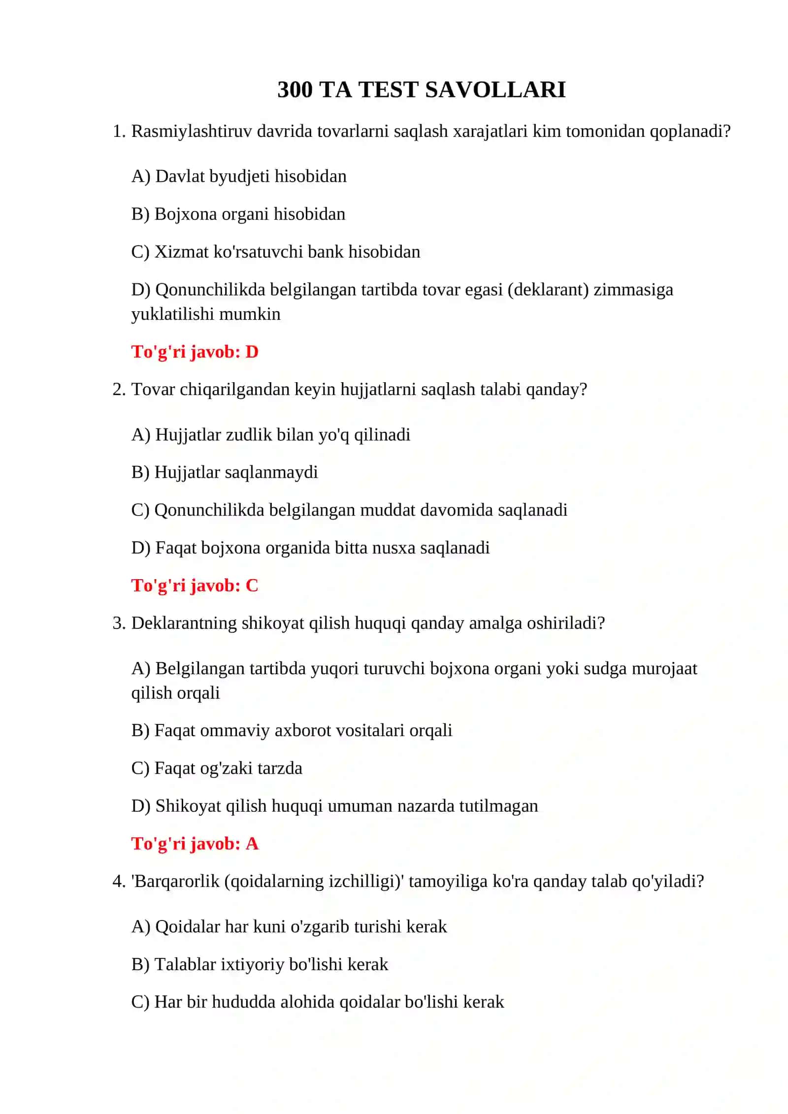 BOJXONA RASMIYLASHTIRUVI 300 TA TEST 3