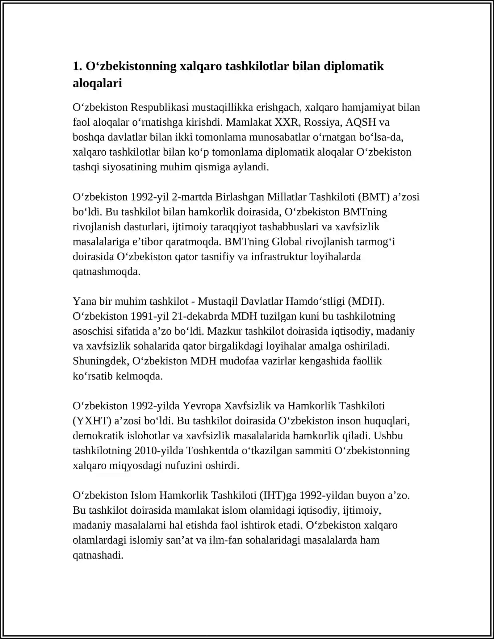 OʻZBEKISTON RESPUBLIKASI XALQARO TASHKILOTLAR BILAN HAMKORLIK ALOQALARI MAVZUSI BOYICHA REFERAT 3