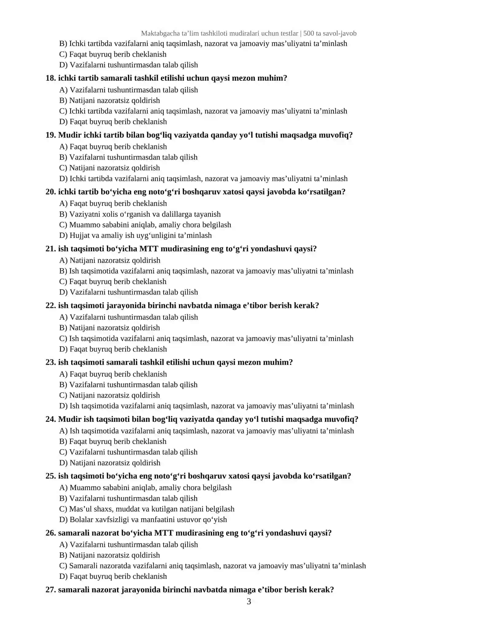 Maktabgacha ta’lim tashkiloti mudiralari uchun testlar | 500 ta savol-javob 3