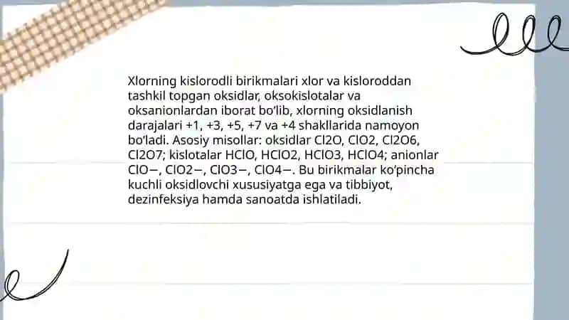 Xlorning kislorodli birikmalari va xossalari 3