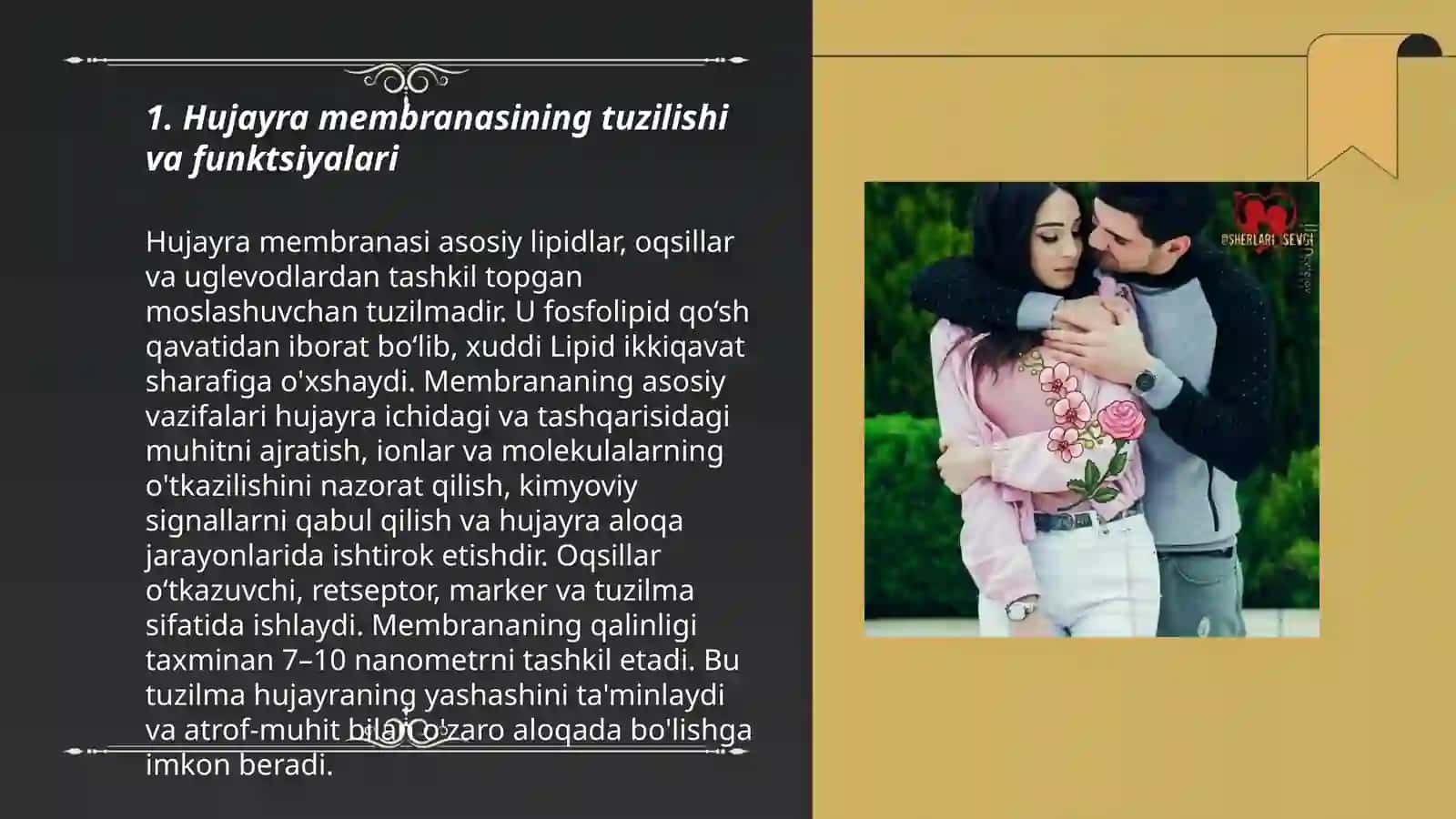 Hujayraning har bir kampanenti har bir membrananing tuzulishi tarkibi funksiyasi va ularda kechadigan biokimyoviy o'zgarishlar 3