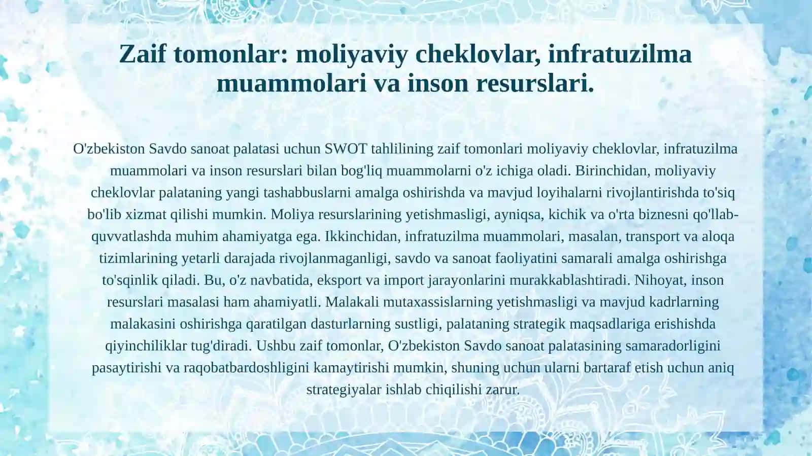 O'zbekiston Savdo sanoat palatasi uchun SWOT analiz tahlili 3