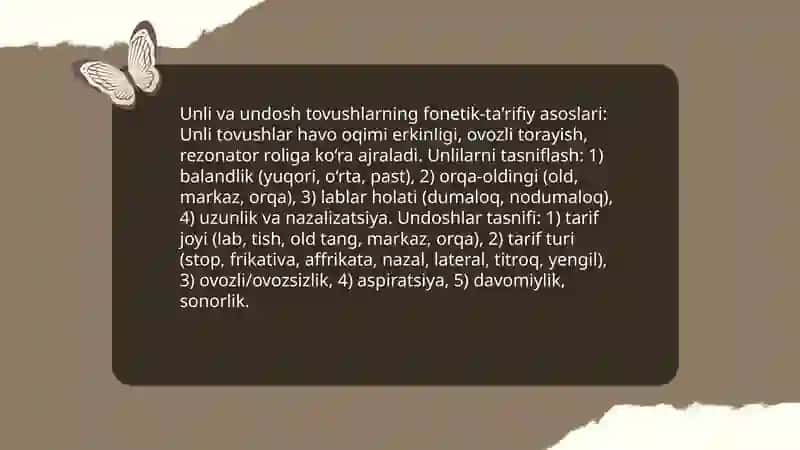 Umumiy tilshunoslik til va nutq fonetika nutq tovushlarining tasnifi unli va undosh tovushlar 3