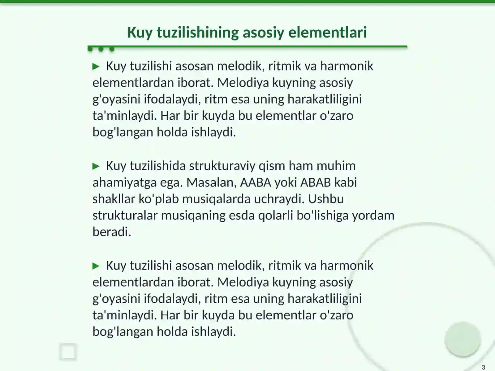 Kuy tuzilishining tahlili. Musiqiy bezaklar va ijrochilik uslublari 3