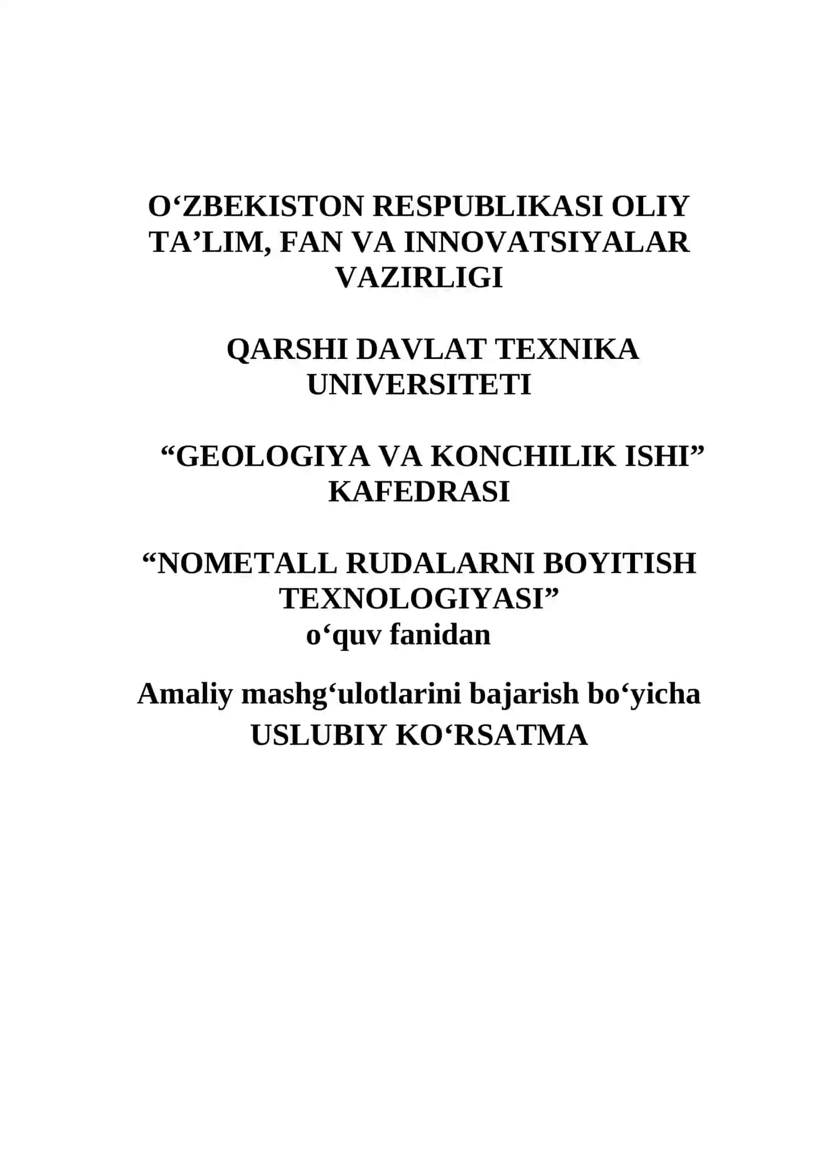 Amaliy mashg'ulotlar - "Nometall rudalarni boyitish texnologiyasi" 3