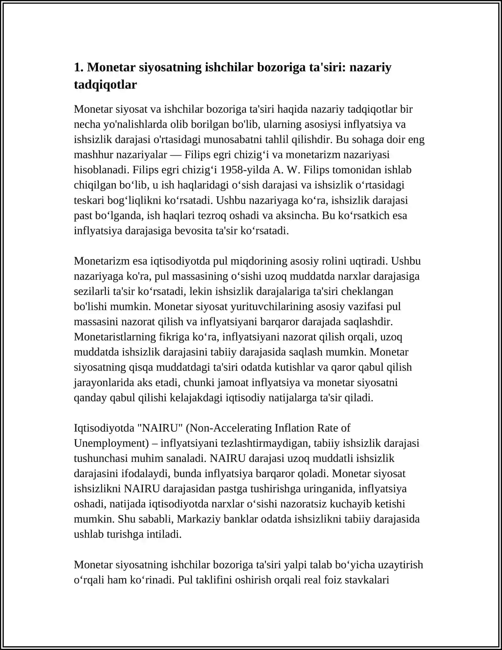 MONETAR SIYOSAT VA ISHSIZLIK DARAJASI O’RTASIDAGI BOG’LIQLIK 3