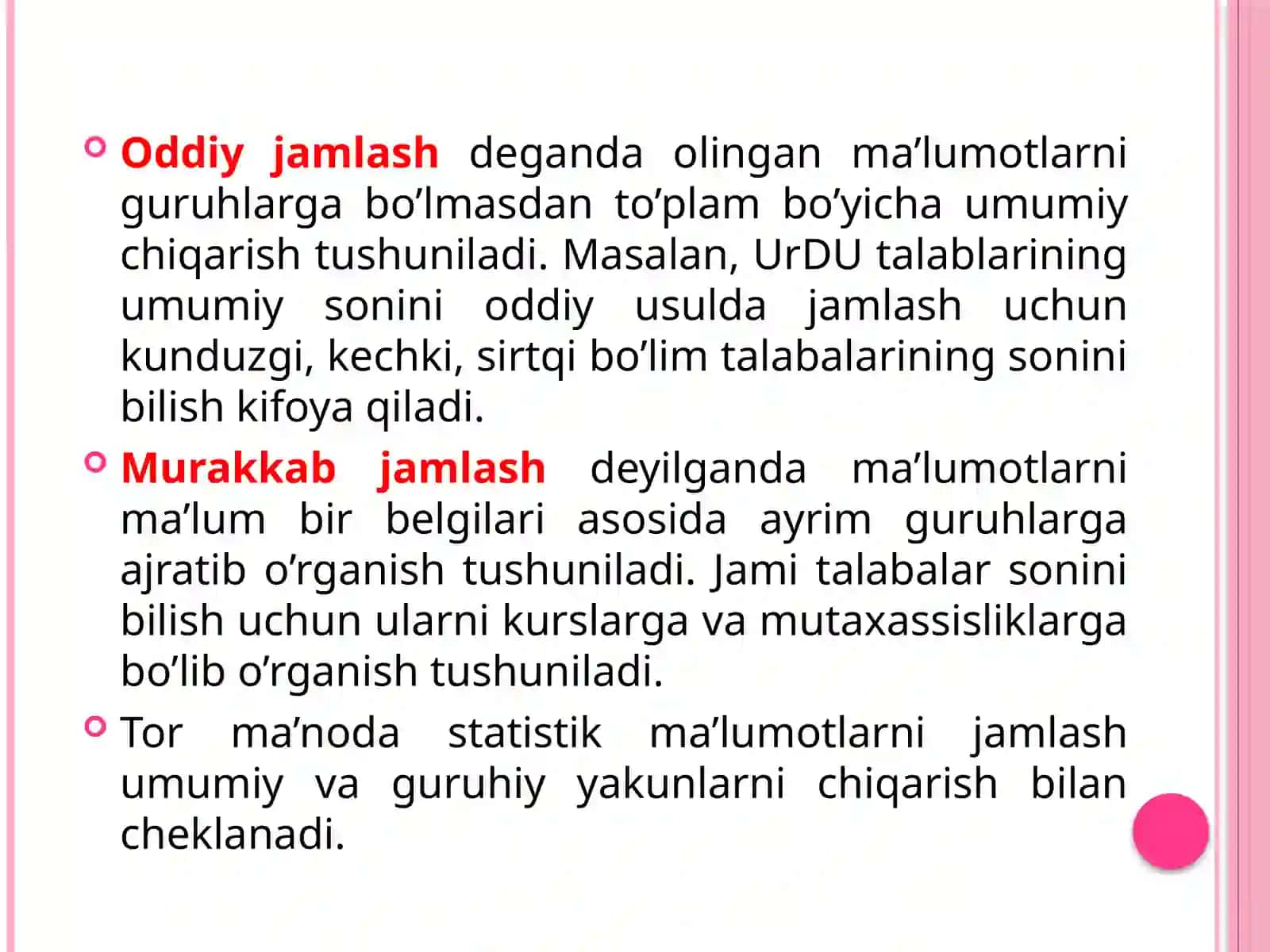 Statistik jamlash va lash 3