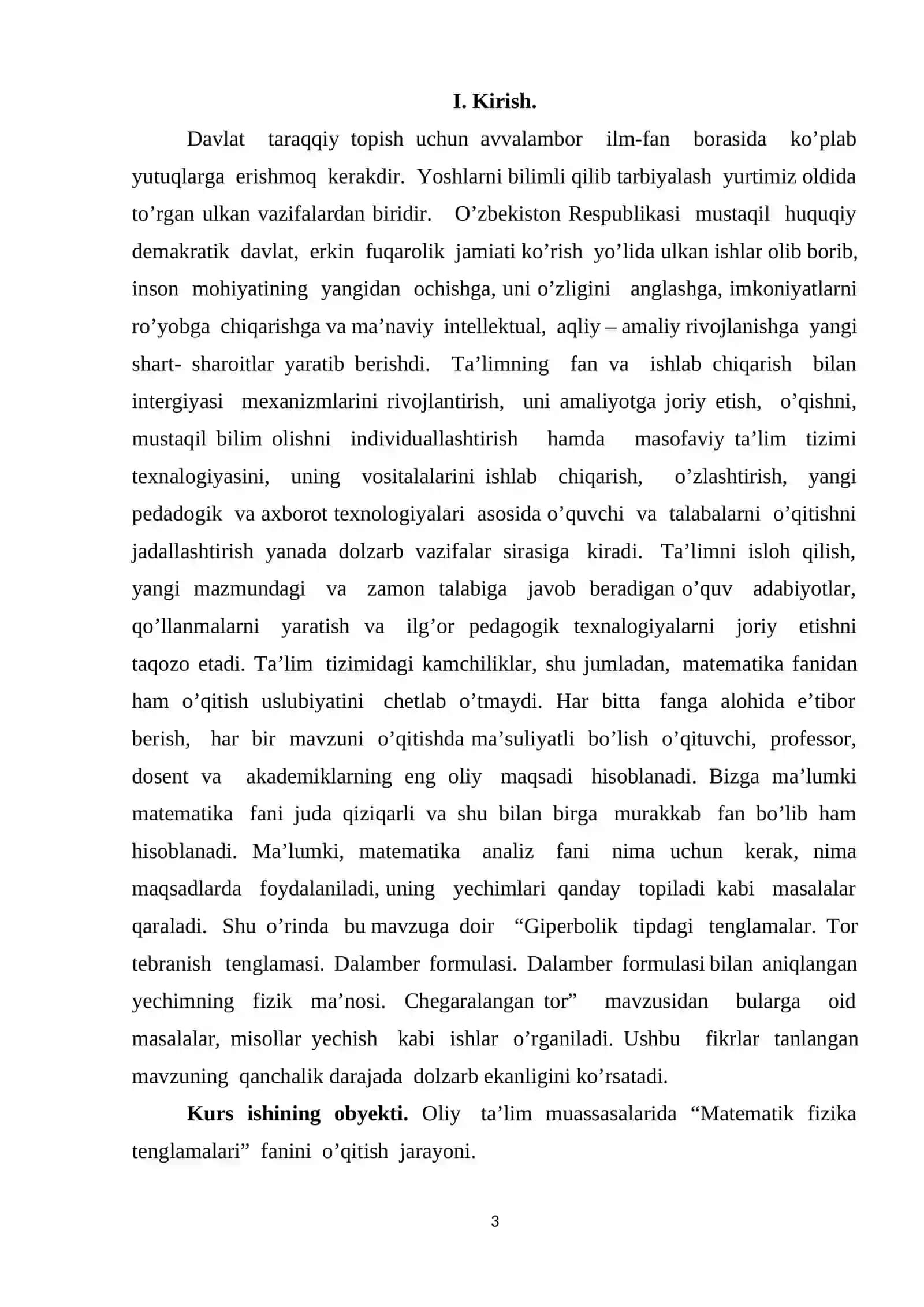 Giperbolik tipdagi tenglamalar. Tor tebranish tenglamasi. Dalamber formulasi 3