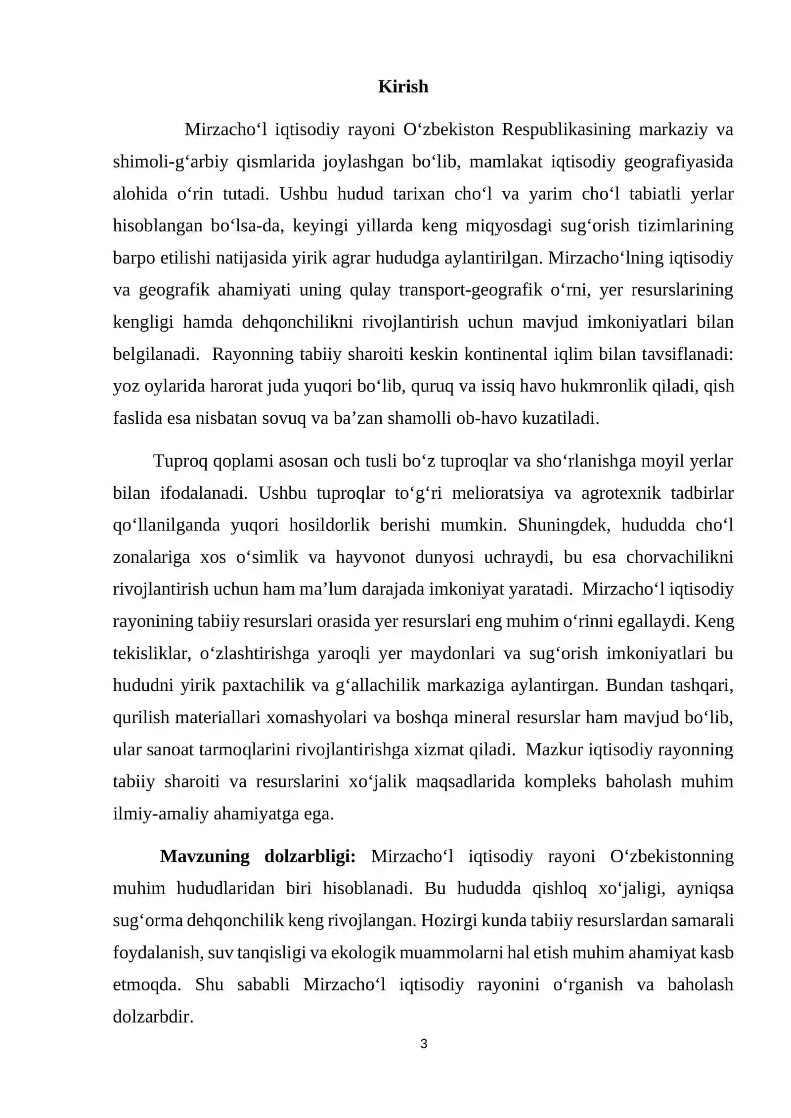 Mirzacho’l iqtisodiy rayoniga umumiy tavsif berish. Tabiiy sharoiti va resurslarini xo’jalik maqsadlarida baholash kurs ishi 3